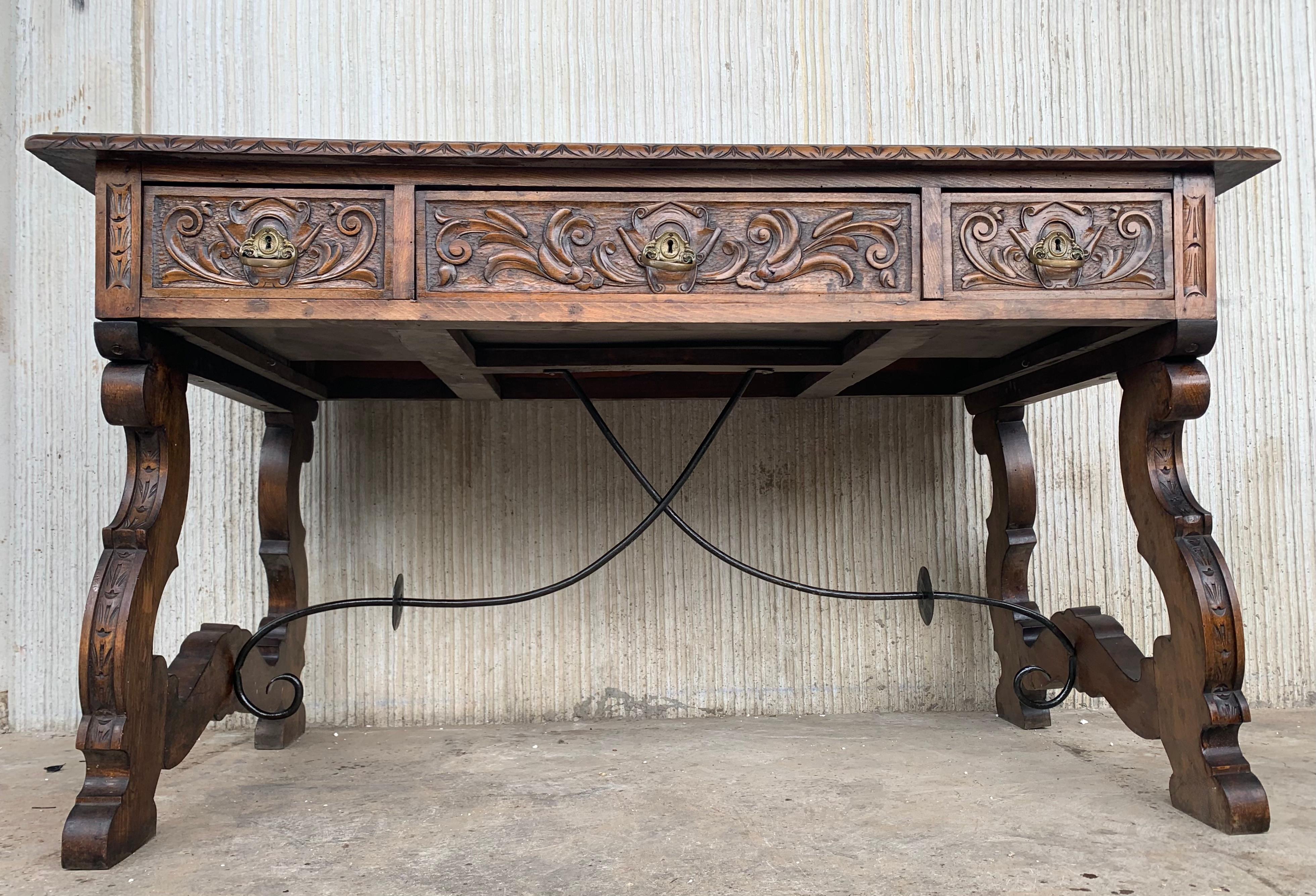 20th Century Spanish Baroque Style Oak Library Table or Desk 2