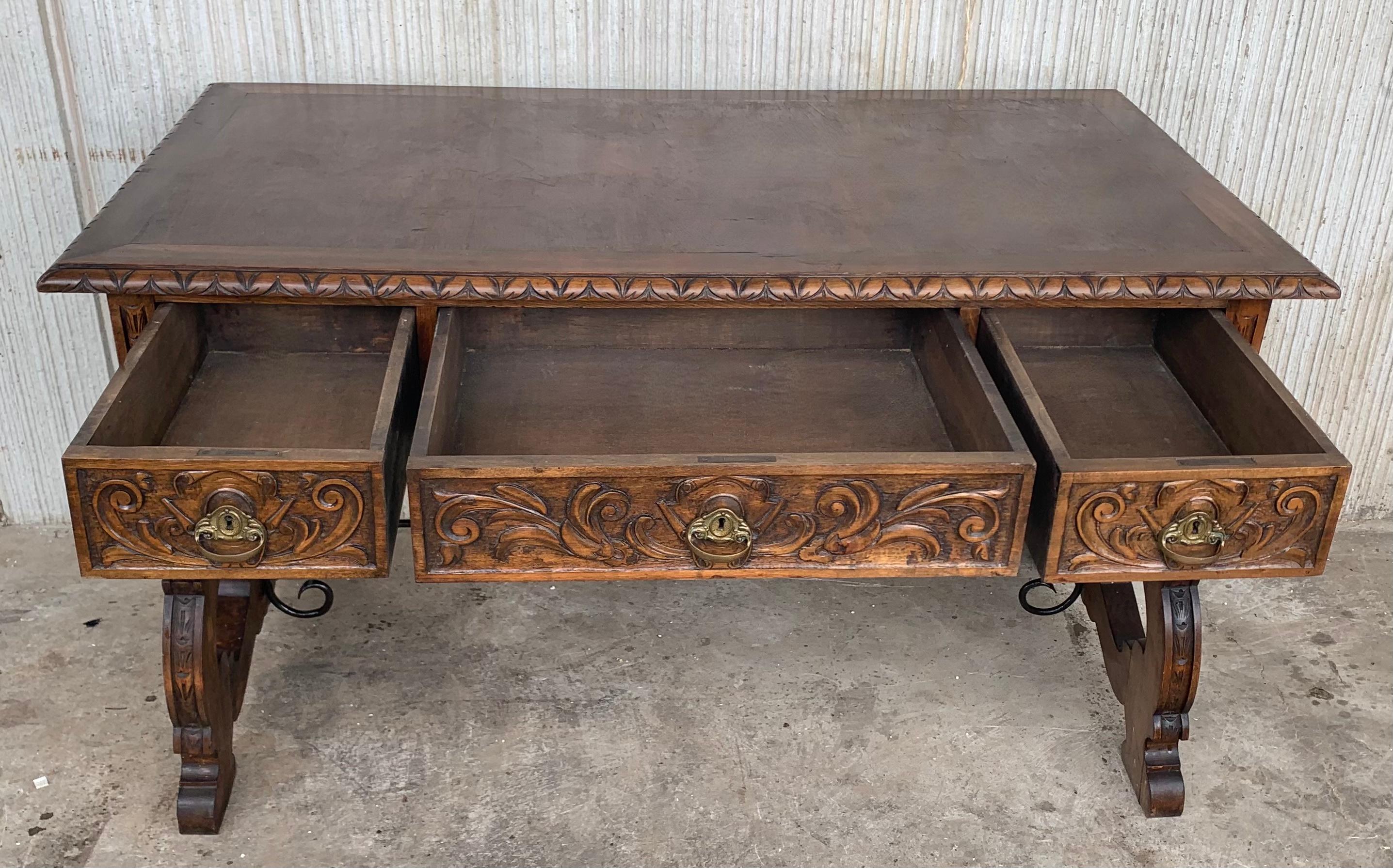 20th Century Spanish Baroque Style Oak Library Table or Desk 4