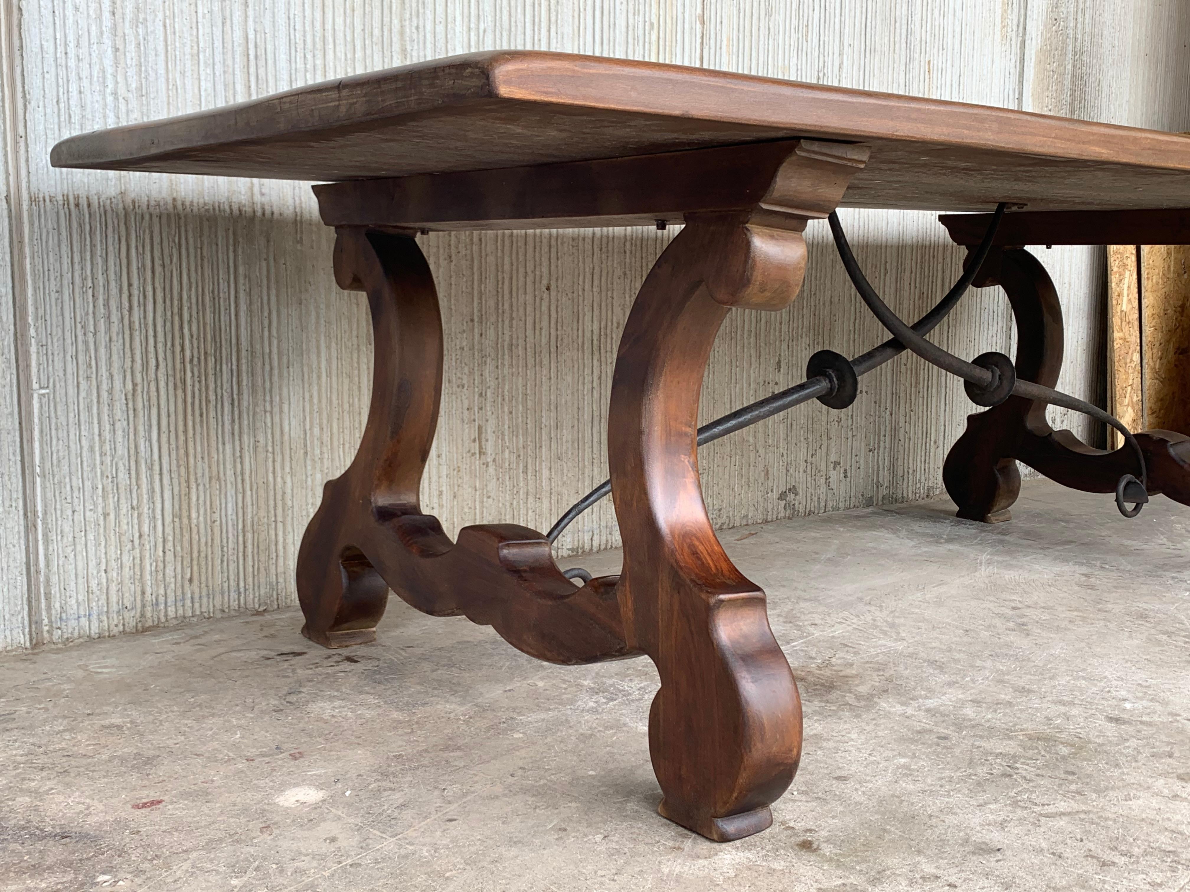 20th Century Spanish Baroque Style Walnut Lyre Legs Trestle Dining Farm Table 4