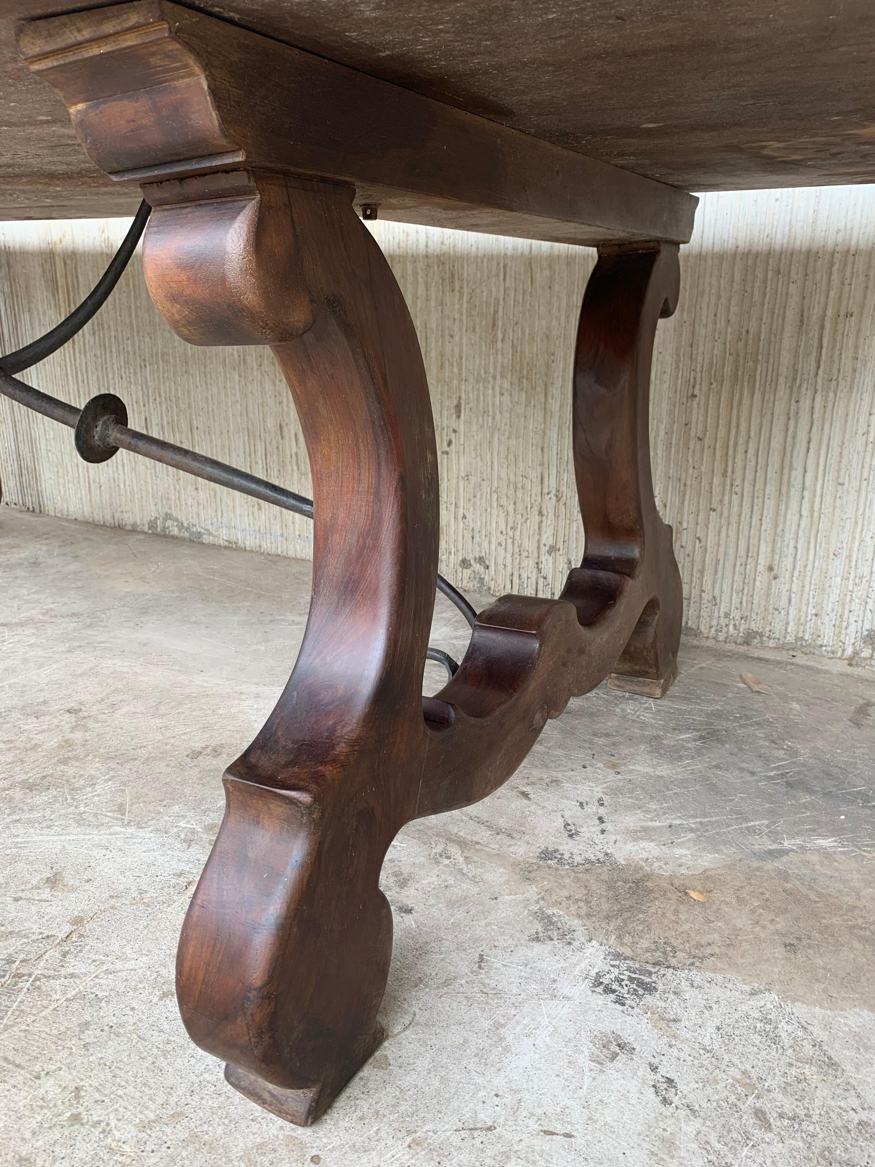 20th Century Spanish Baroque Style Walnut Lyre Legs Trestle Dining Farm Table 5