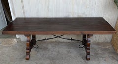 20th Century Spanish Baroque Style Walnut Lyre legs Trestle Dining Farm Table