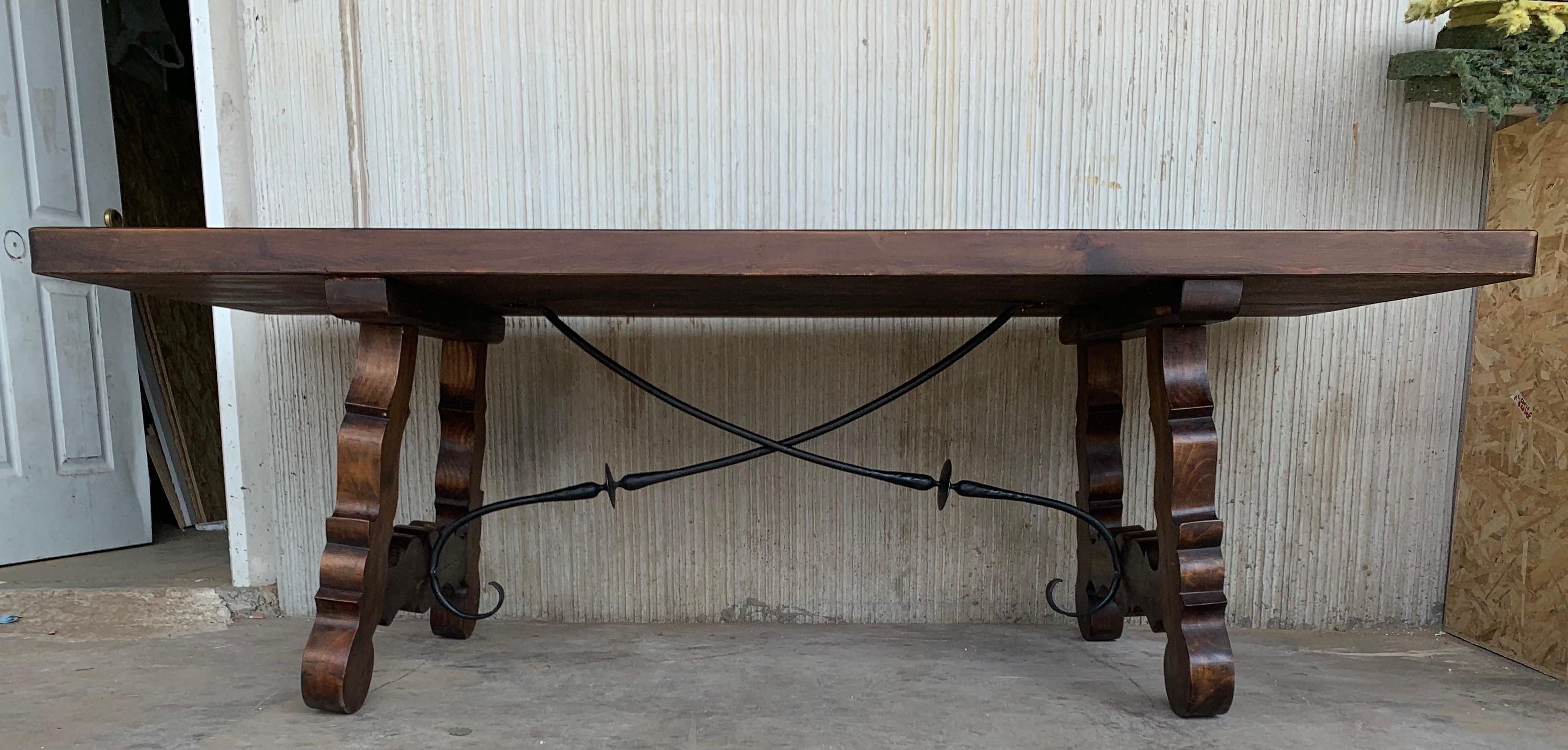 20th Century Spanish Baroque Style Walnut Lyre legs Trestle Dining Farm Table 2