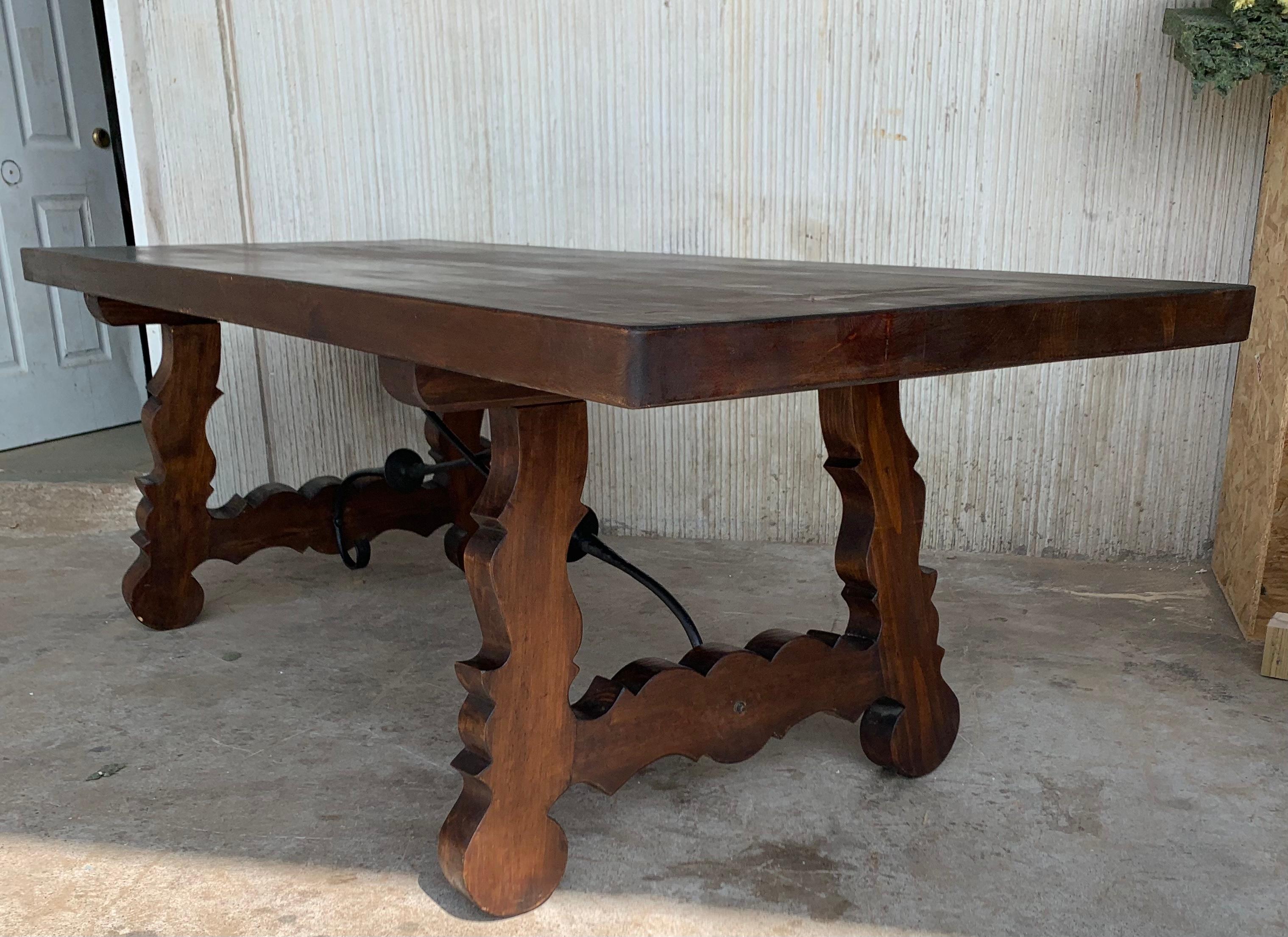 20th Century Spanish Baroque Style Walnut Lyre legs Trestle Dining Farm Table 5