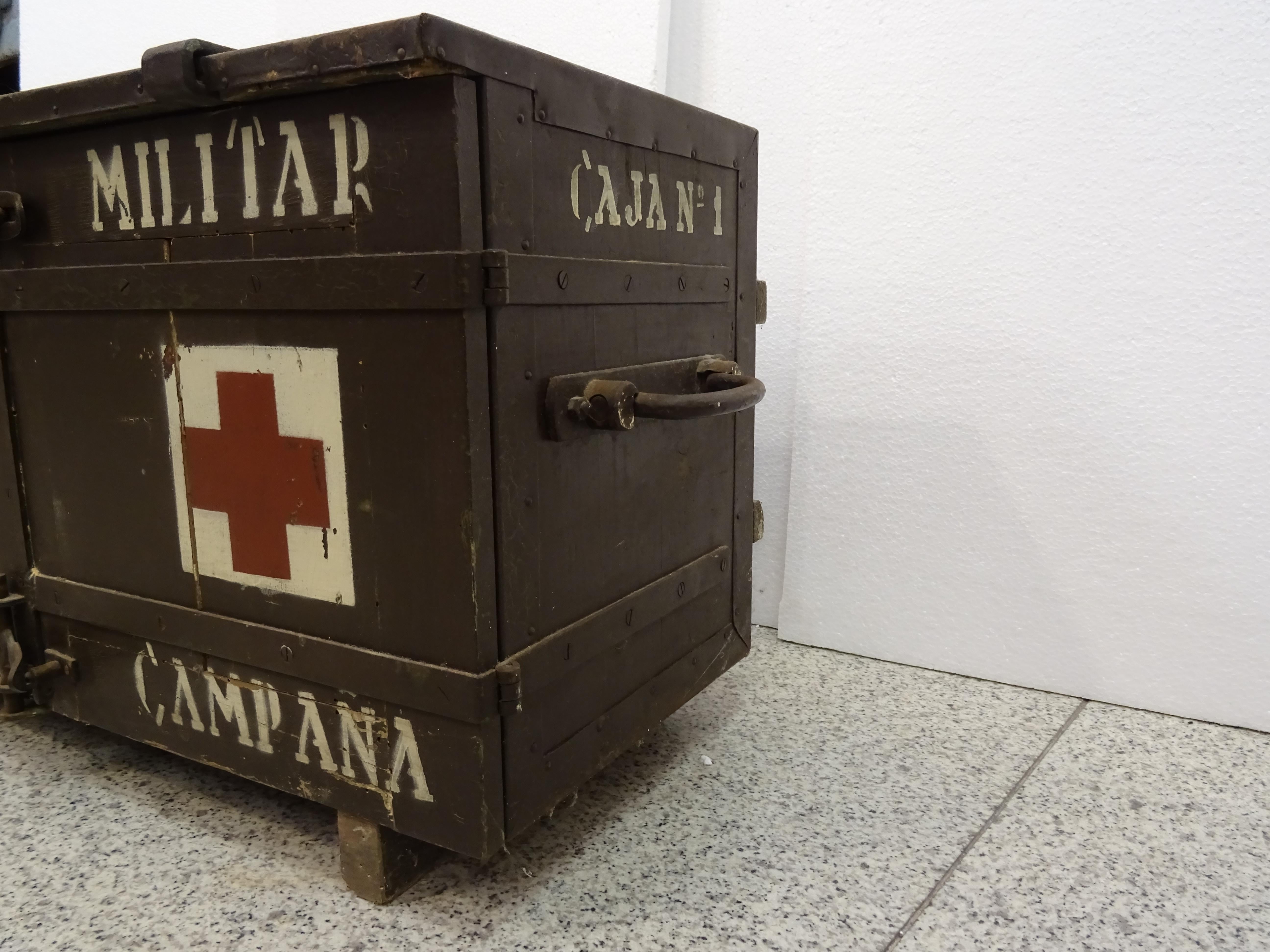 Arts and Crafts 20th Century Spanish Black Wood Doctor’s Military Trunk, circa 1940