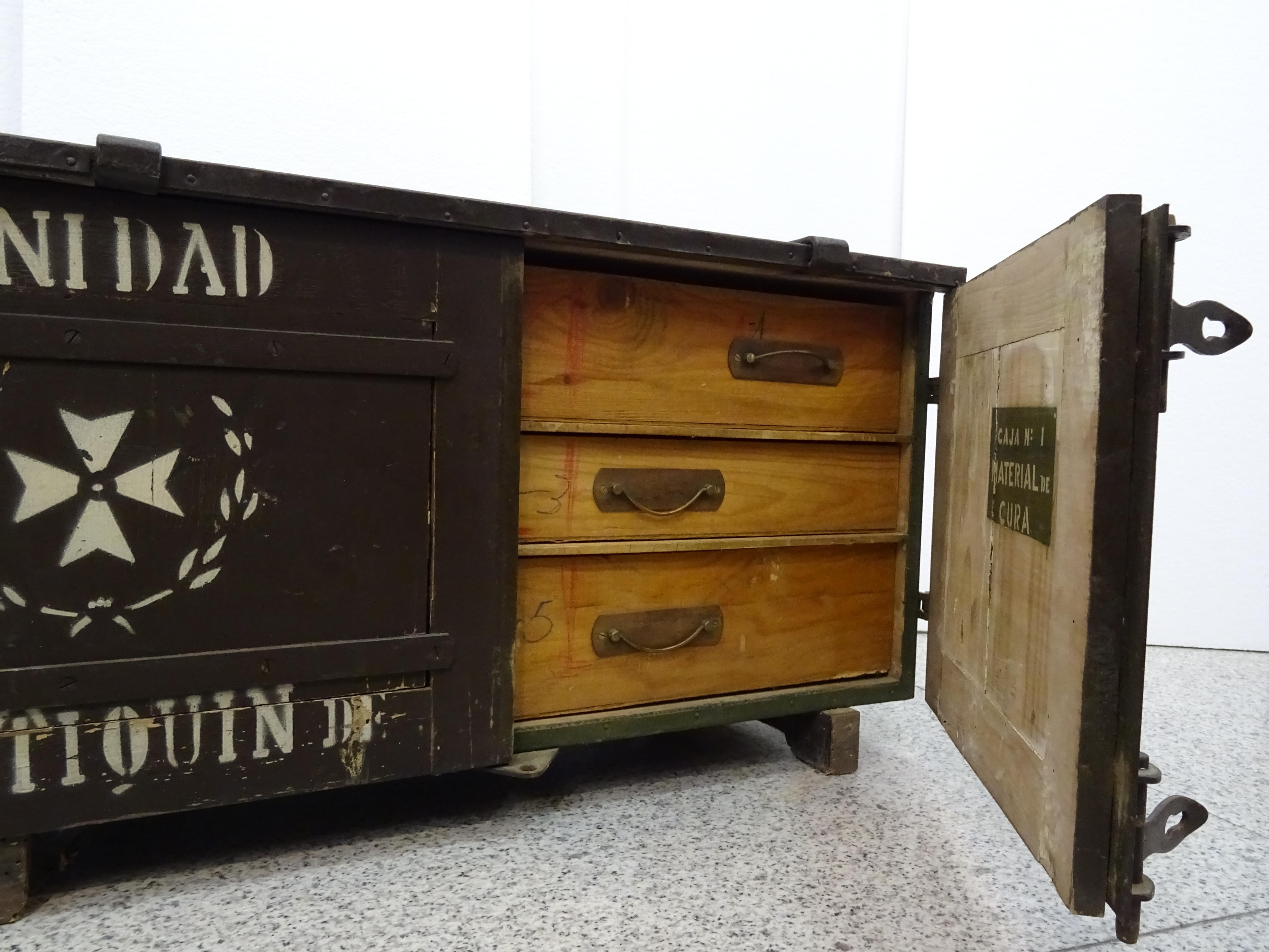 Iron 20th Century Spanish Black Wood Doctor’s Military Trunk, circa 1940