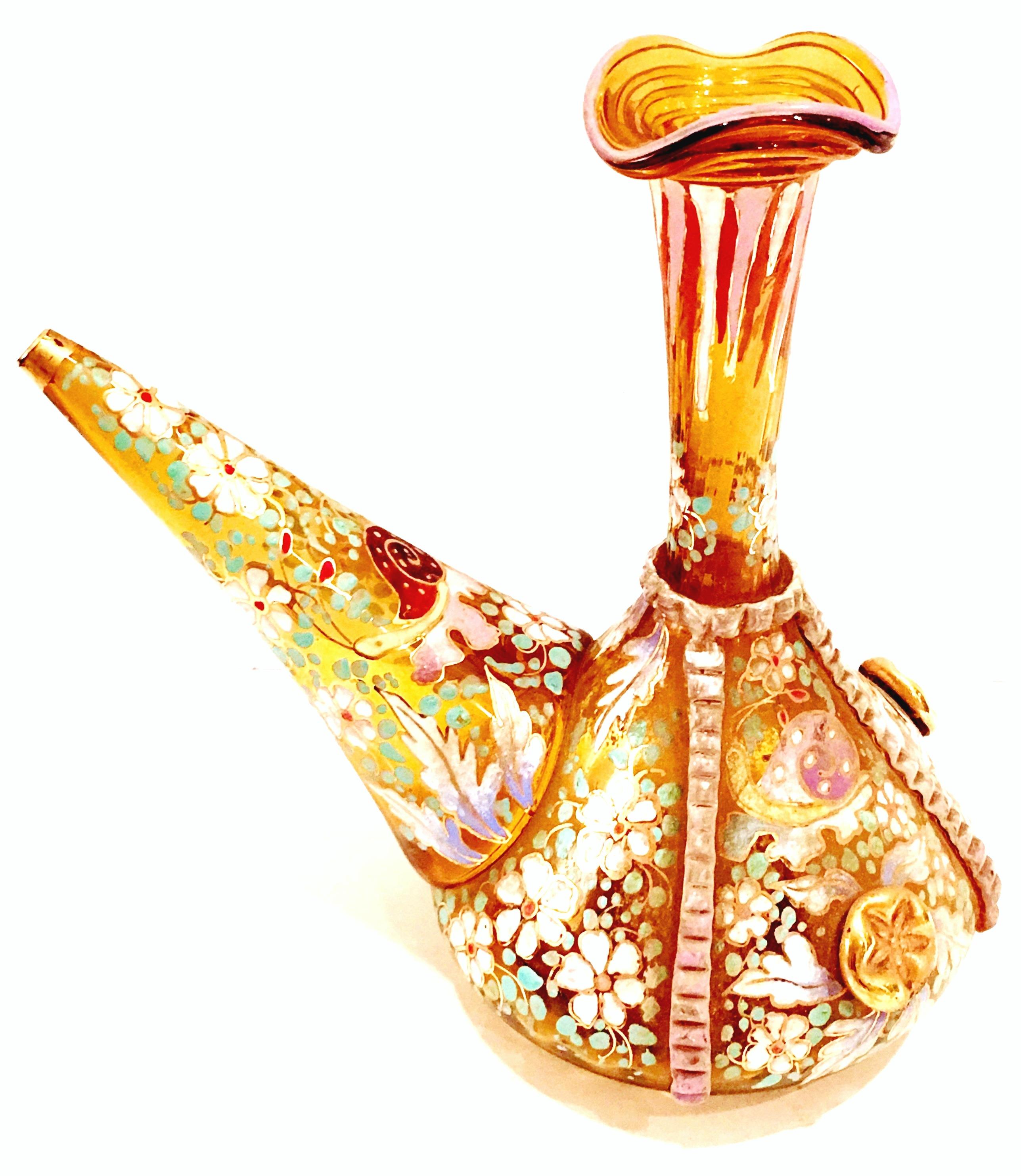 Hand-Crafted 20th Century Spanish Blown Glass Hand-Painted Vino Bottle