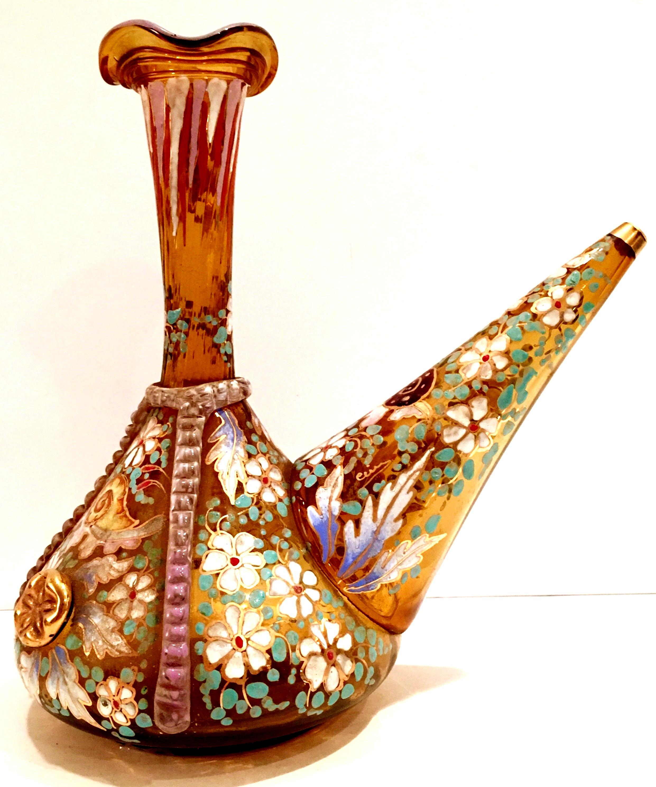 20th Century Spanish Mouth Blow Glass Moser Style Amber Vino Wine Bottle. This incredibly detailed piece features hand applied raised enamel, crimped glass with gilt detail. The star fish medallions are hand applied gilt glass. Artist signed in gold