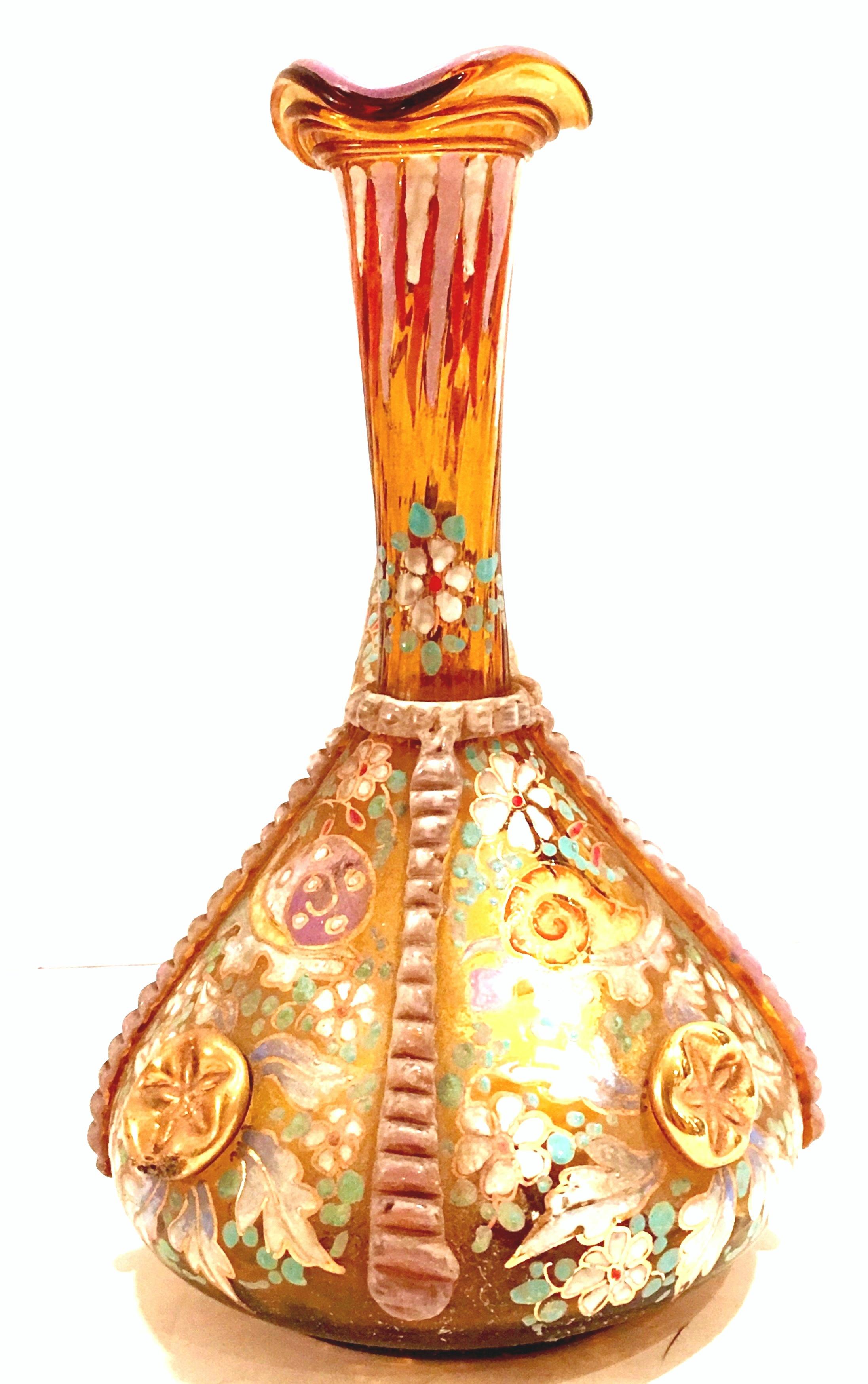 Gold 20th Century Spanish Blown Glass Hand Painted Vino Bottle