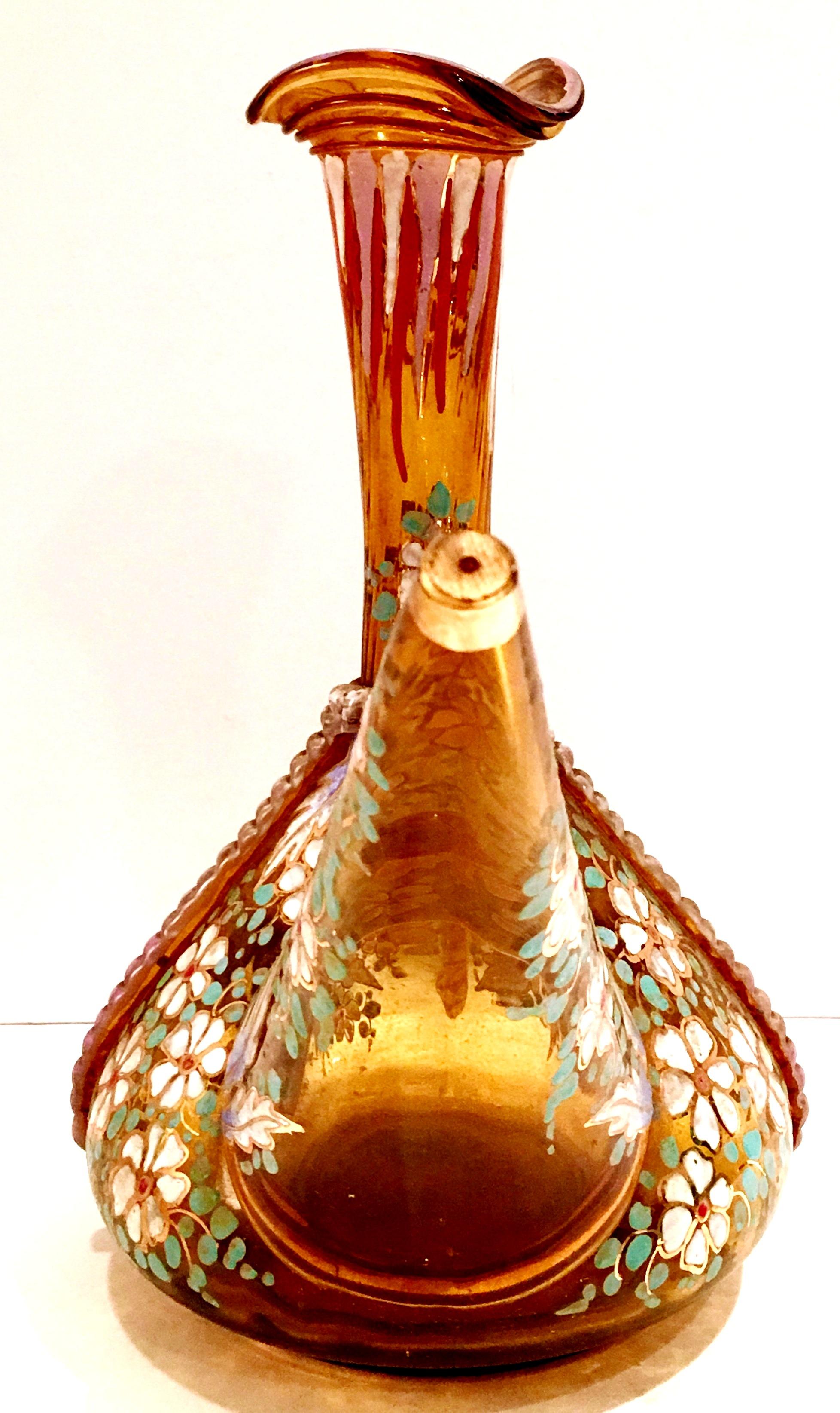 20th Century Spanish Blown Glass Hand Painted Vino Bottle For Sale 1