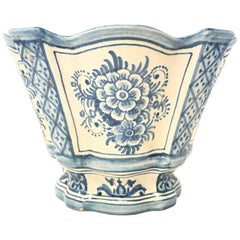 20th Century Spanish Blue White Cache Pot, Scalloped Edges & Hand-Painted Fleurs