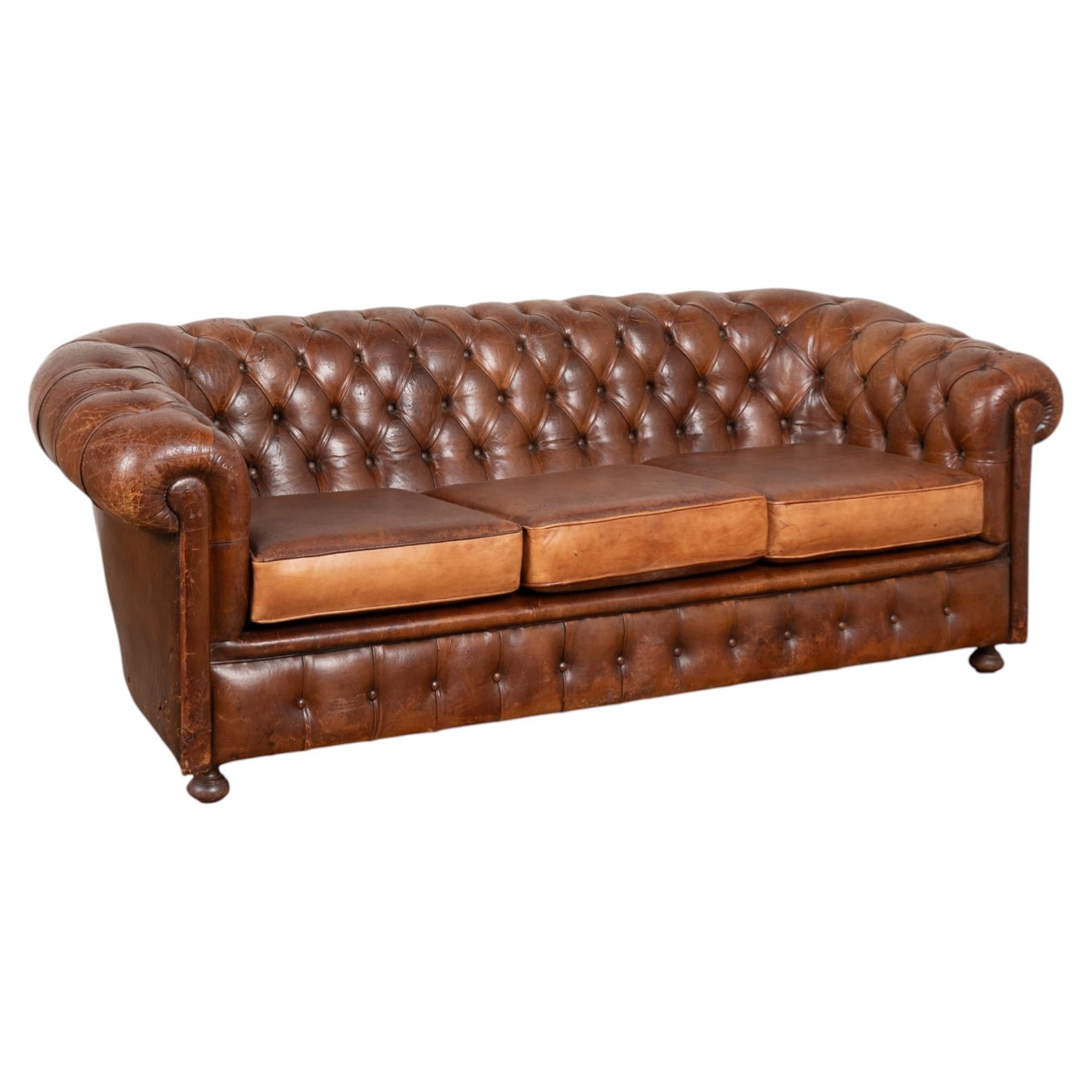 20th Century Spanish Brown Vintage Leather Chesterfield Sofa
