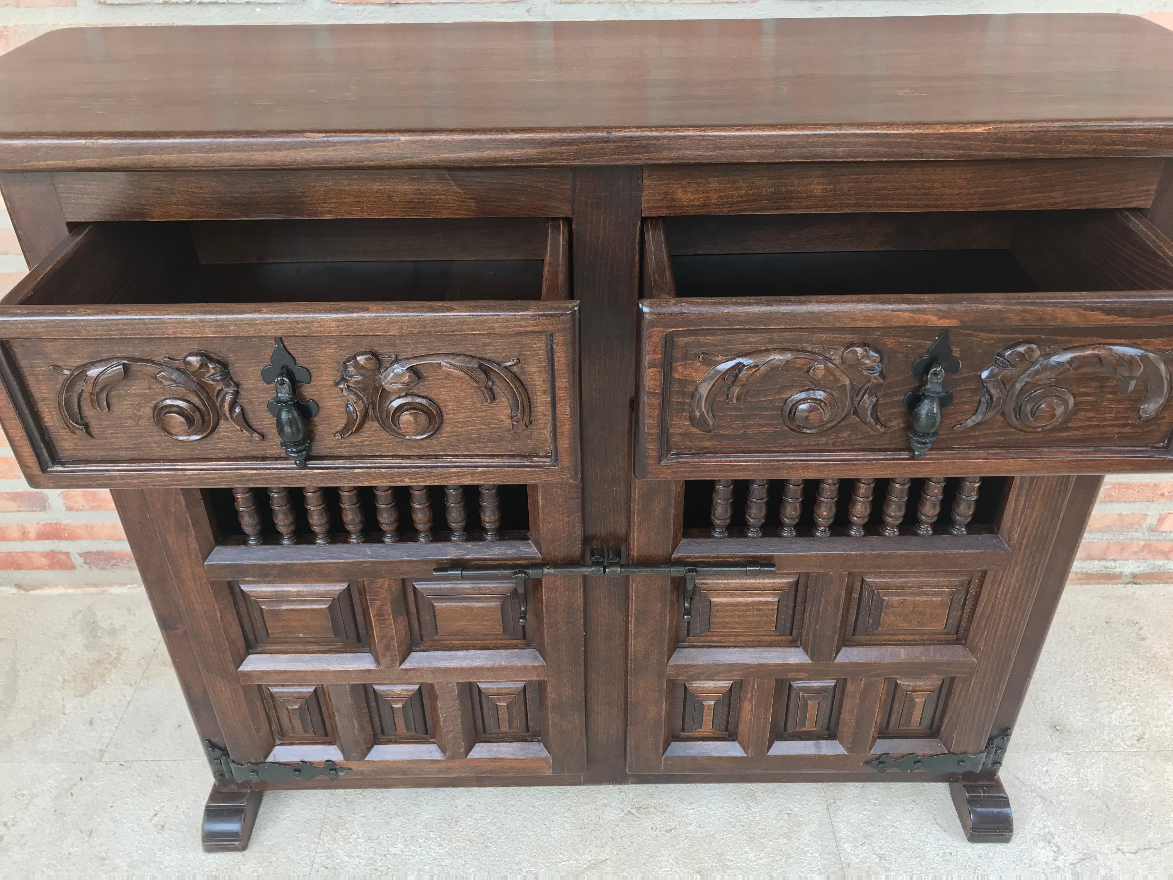 20th Century Spanish Carved Dark Walnut Tuscan Two Drawers Credenza or Buffet 2