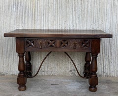 20th Century Spanish Carved Table with Iron Stretchers and Drawer