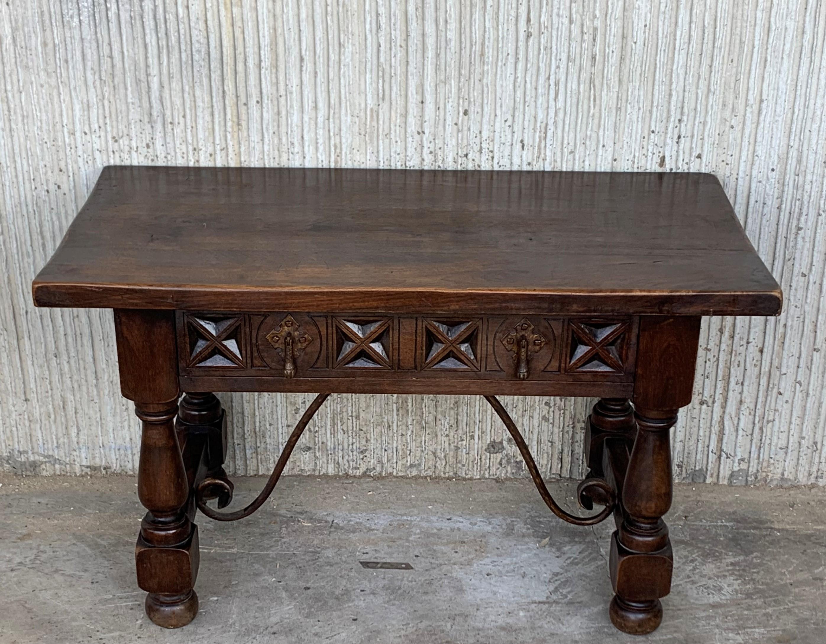 Spanish Colonial 20th Century Spanish Carved Table with Iron Stretchers and Drawer For Sale