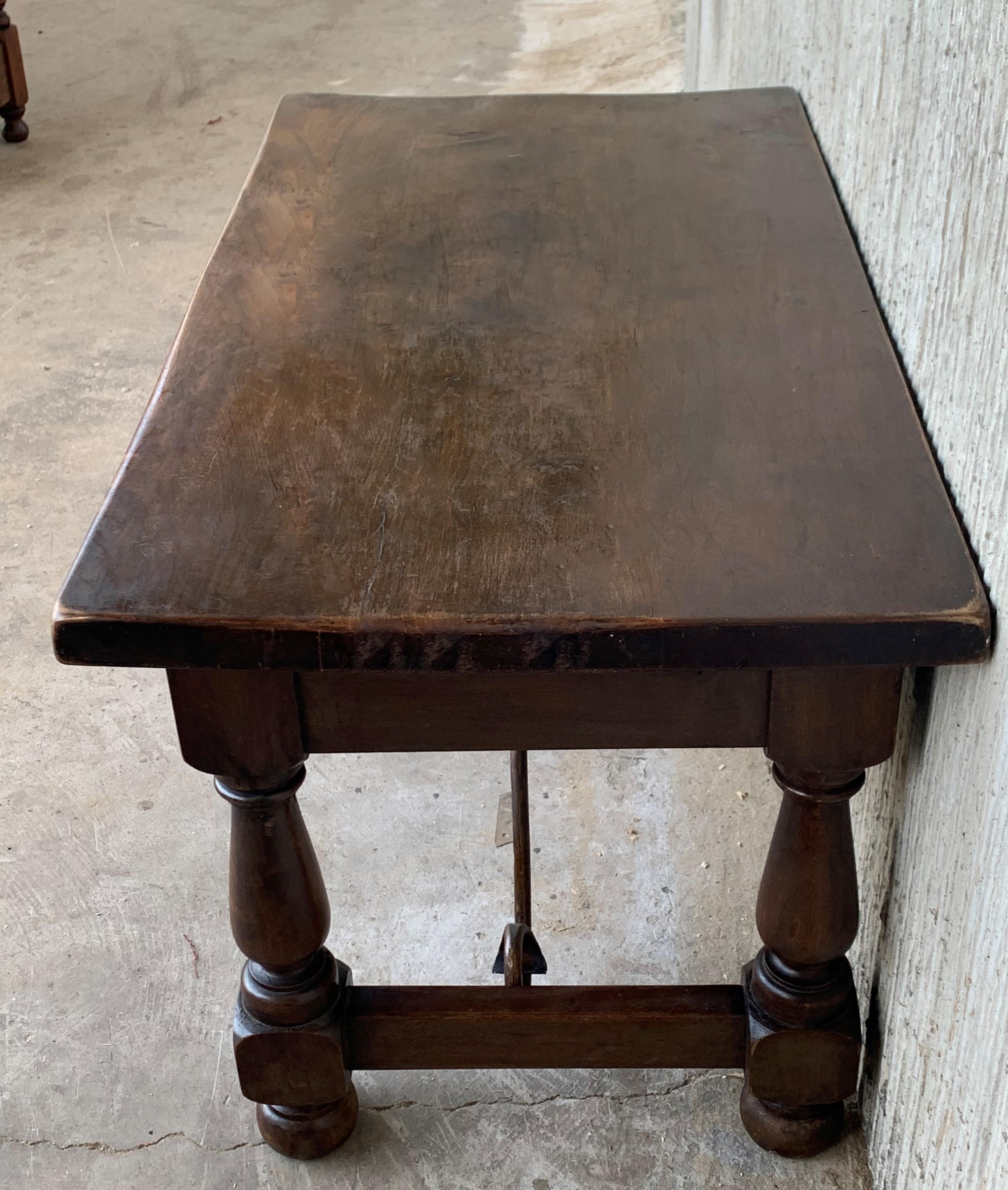 Walnut 20th Century Spanish Carved Table with Iron Stretchers and Drawer For Sale