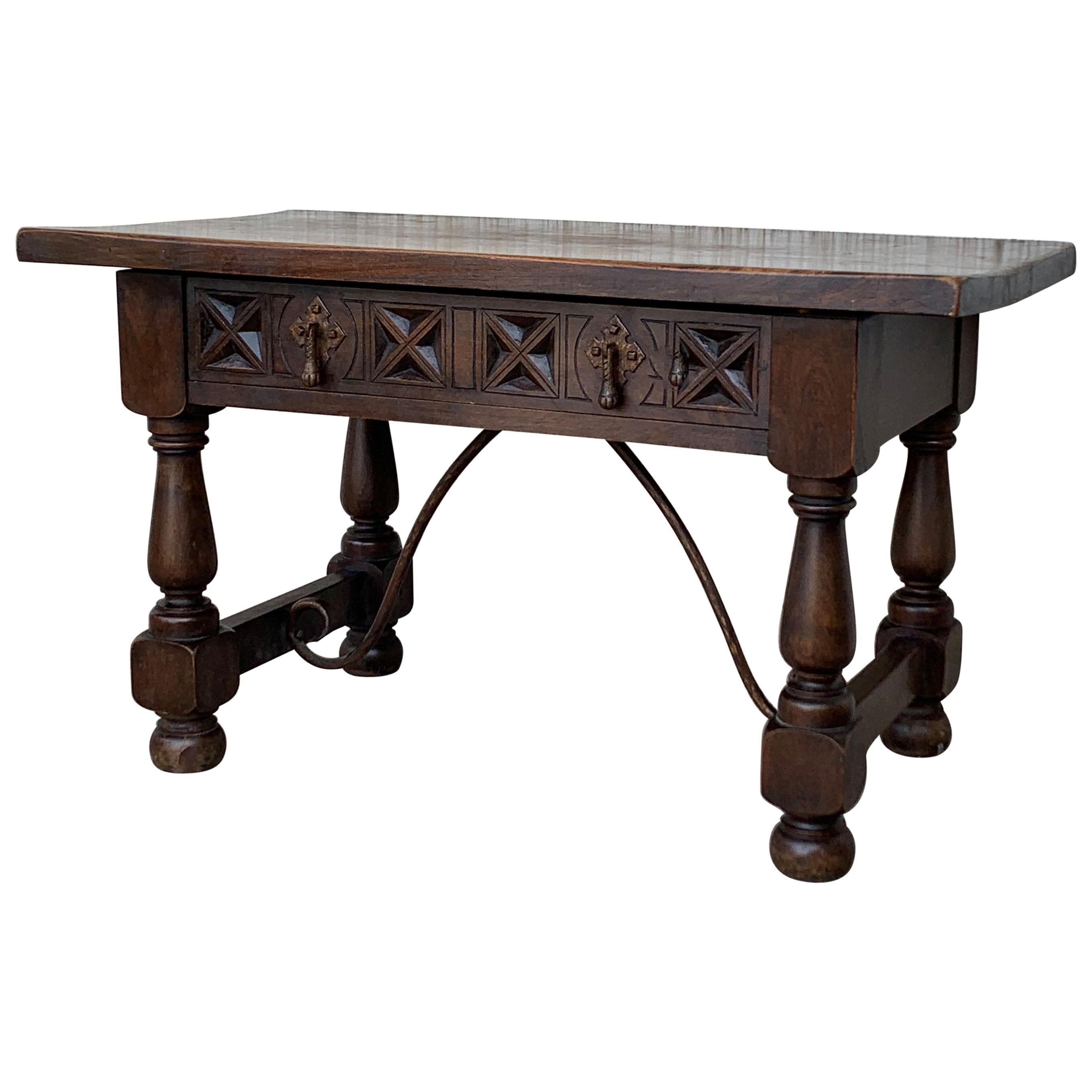 20th Century Spanish Carved Table with Iron Stretchers and Drawer For Sale