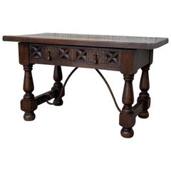 Antique 20th Century Spanish Carved Table with Iron Stretchers and Drawer