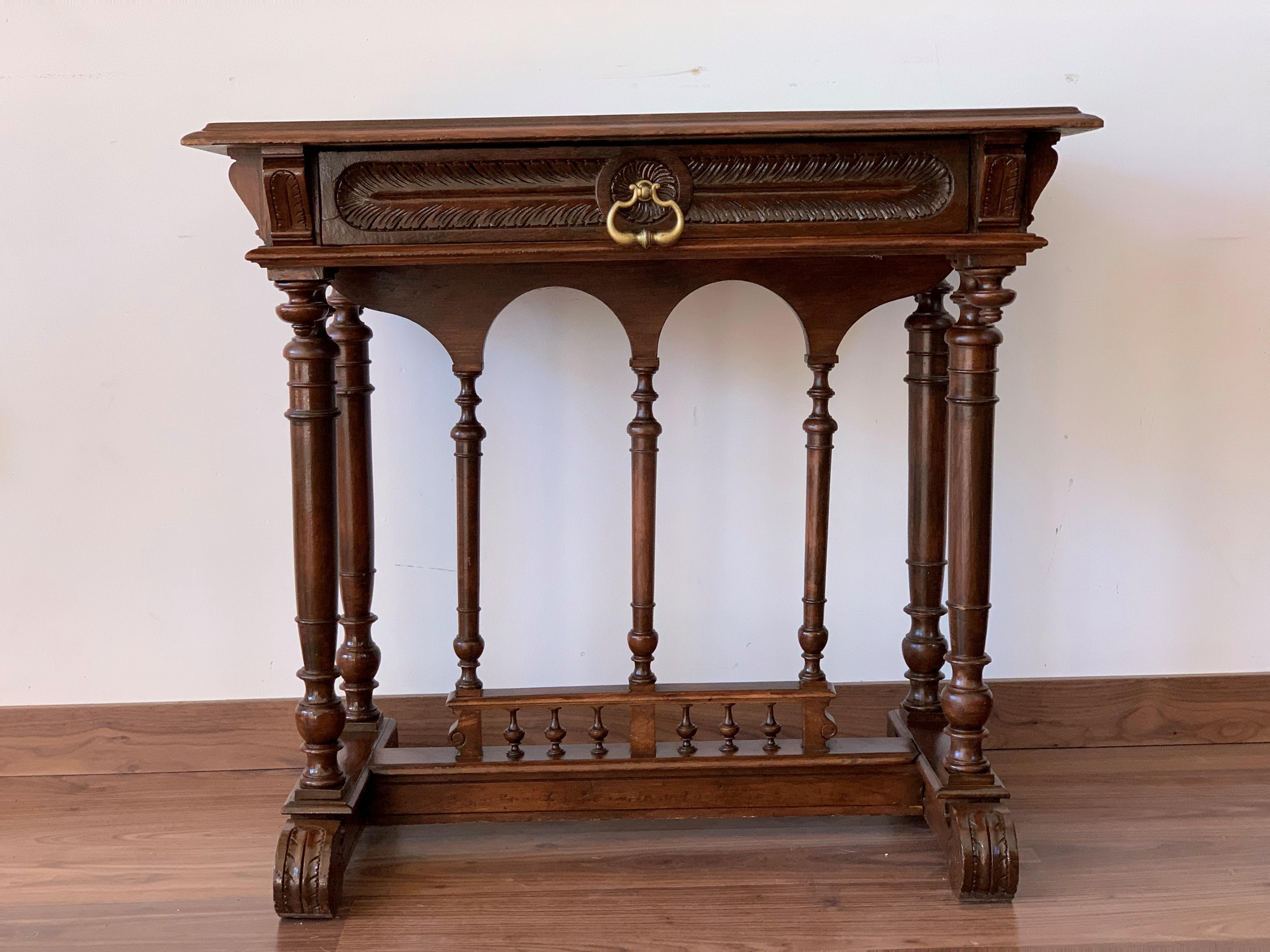 Spanish Colonial 20th Century Spanish Carved Table with Wood Stretchers and Drawer