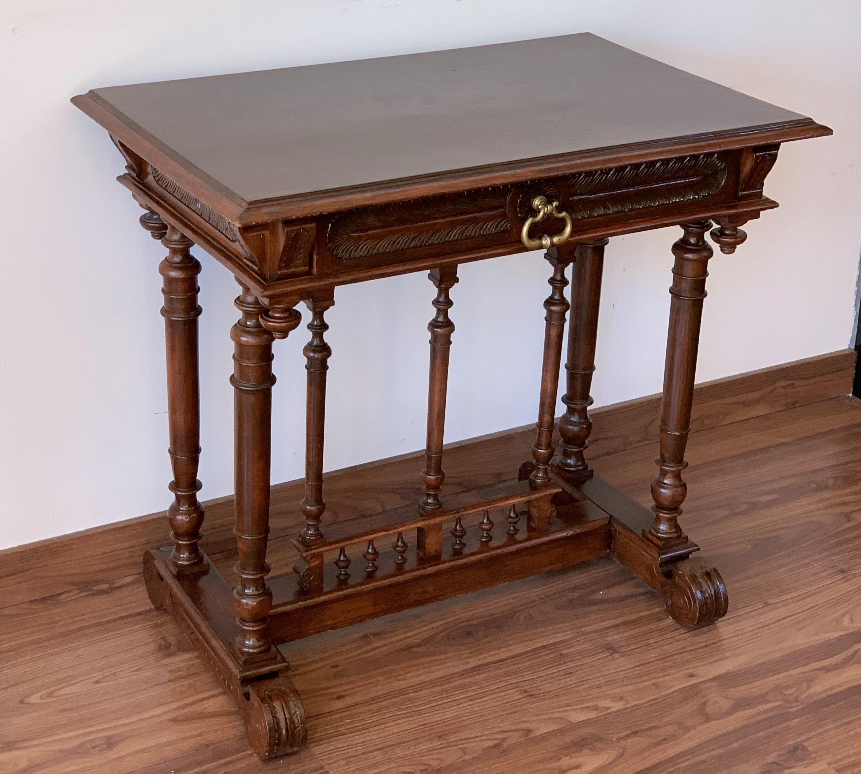Walnut 20th Century Spanish Carved Table with Wood Stretchers and Drawer