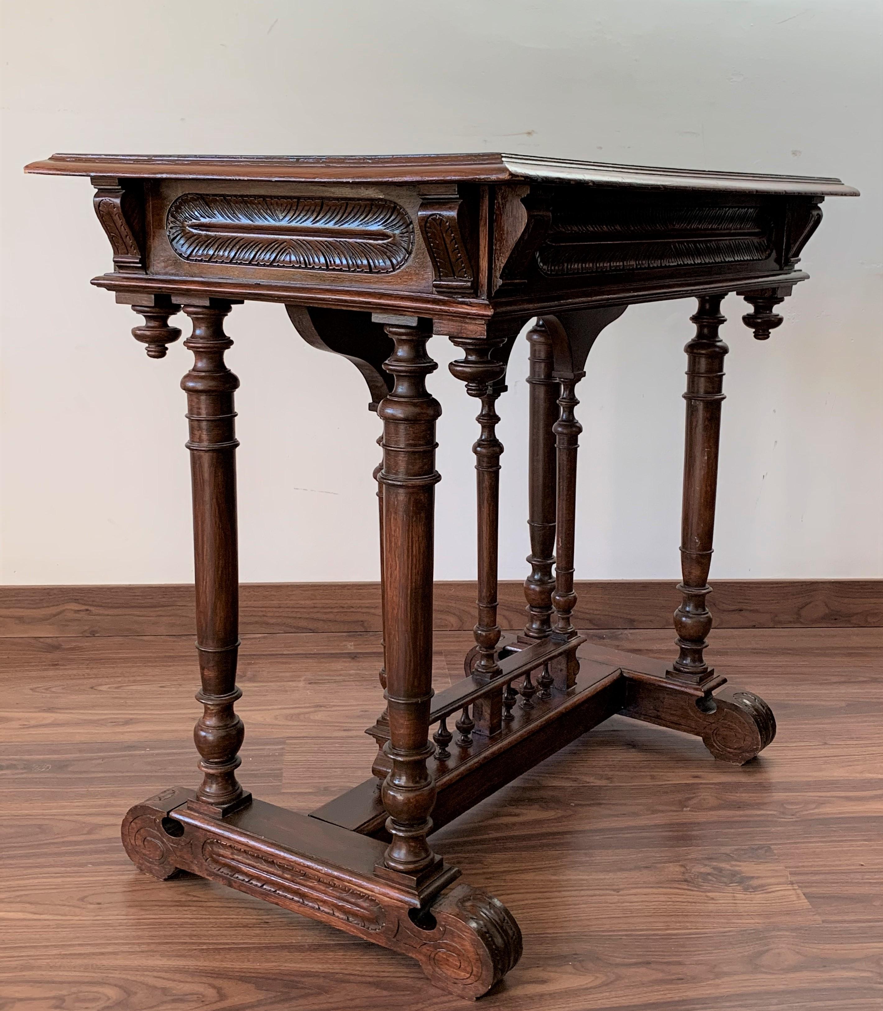 20th Century Spanish Carved Table with Wood Stretchers and Drawer 4
