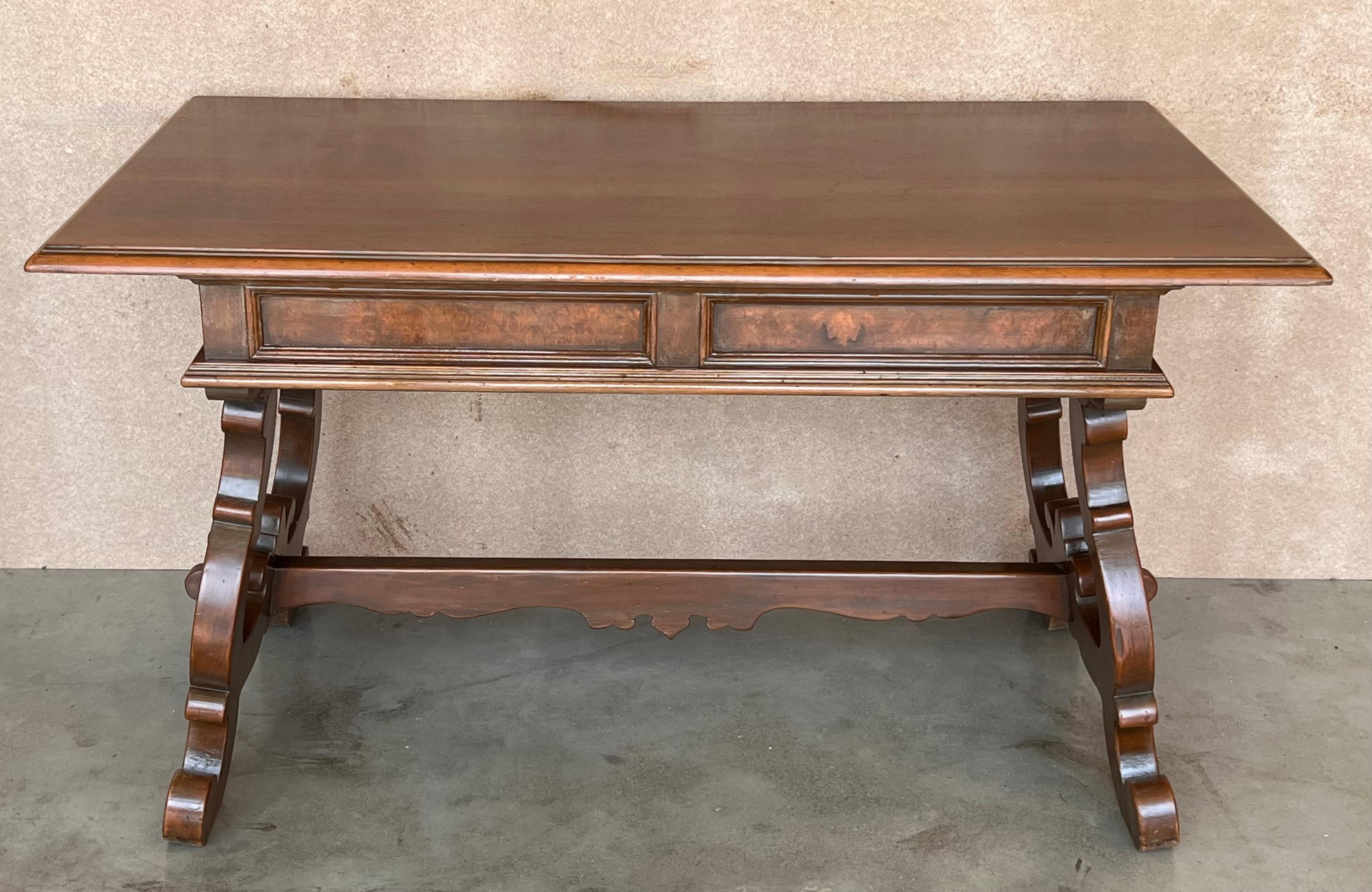 20th Century Spanish Carved Walnut House Desk with Lyre Legs For Sale 6