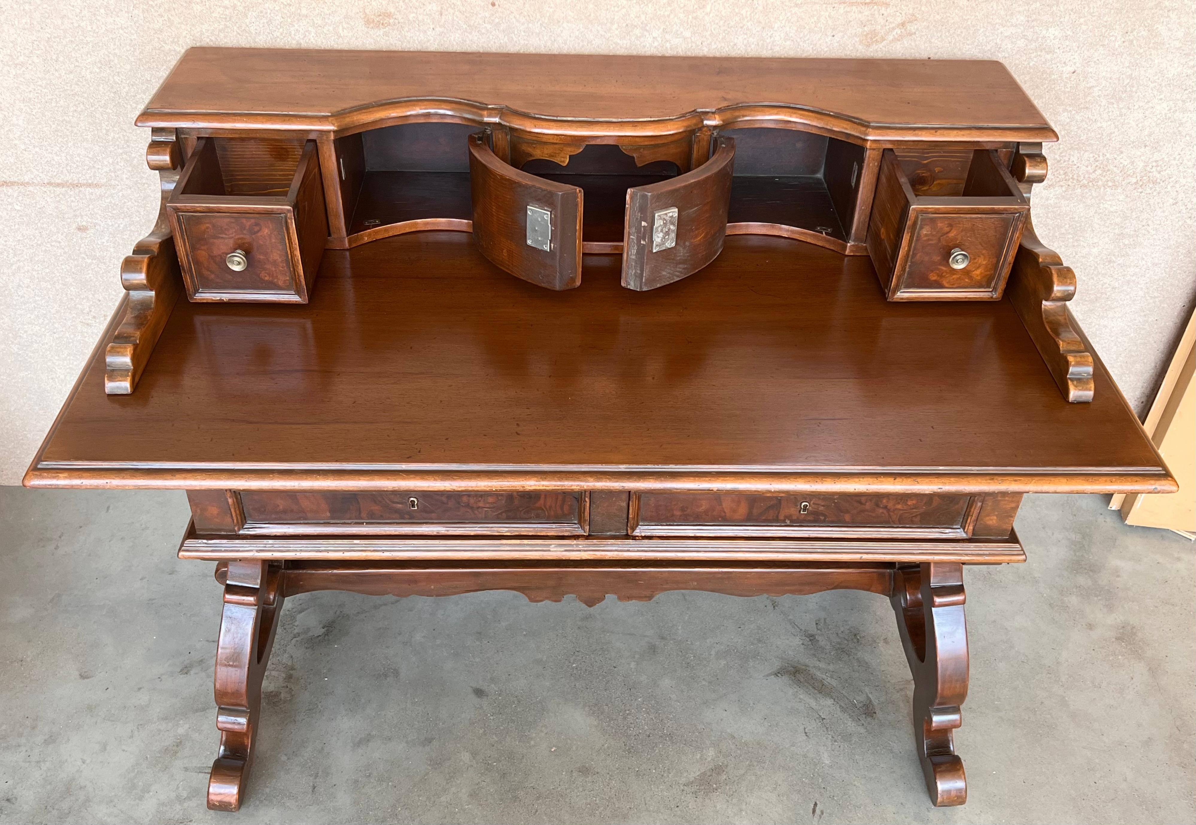 Baroque 20th Century Spanish Carved Walnut House Desk with Lyre Legs For Sale