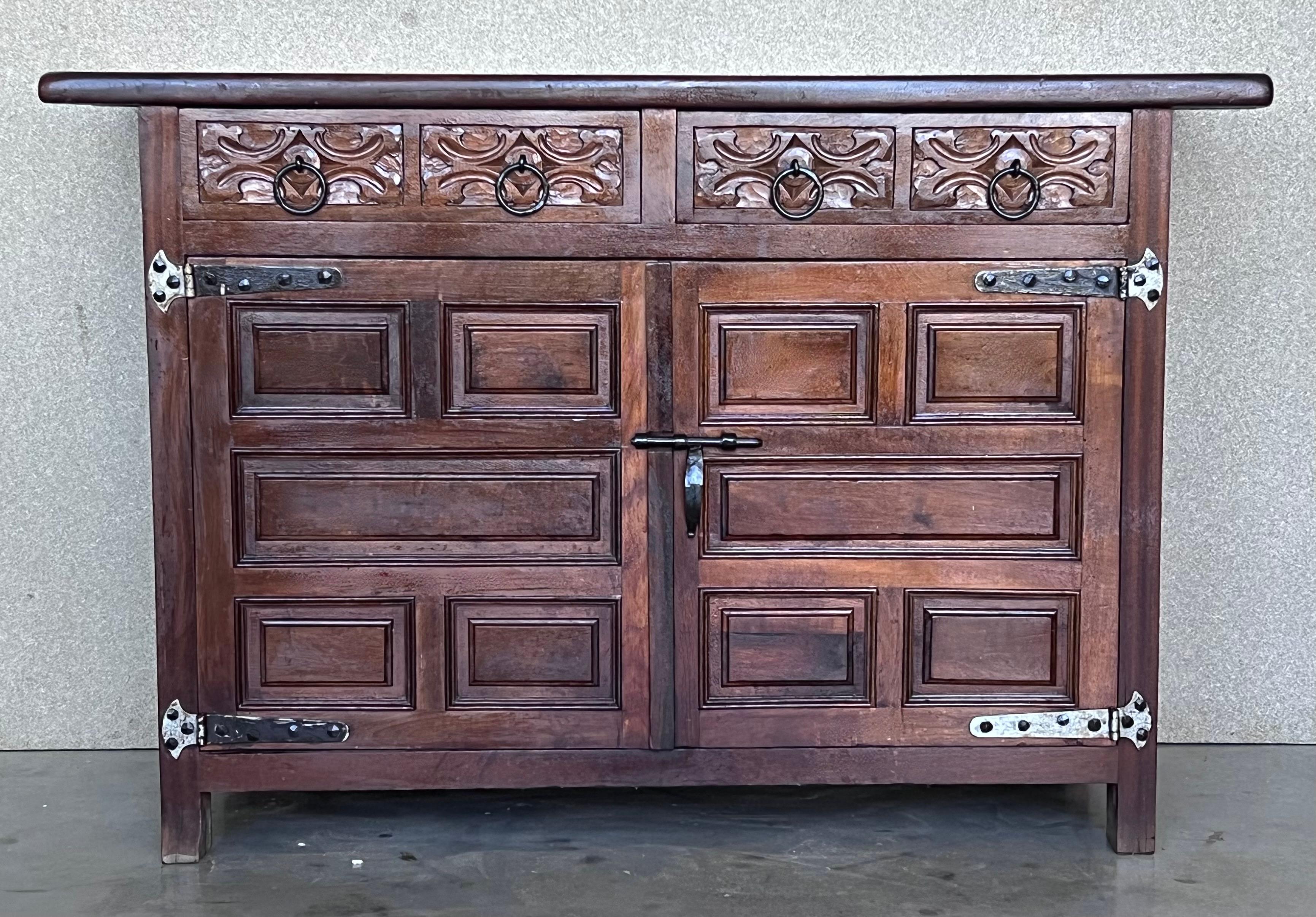 Spanish Colonial 20th Century Spanish Carved Walnut Tuscan Credenza or Buffet with Two Drawers For Sale