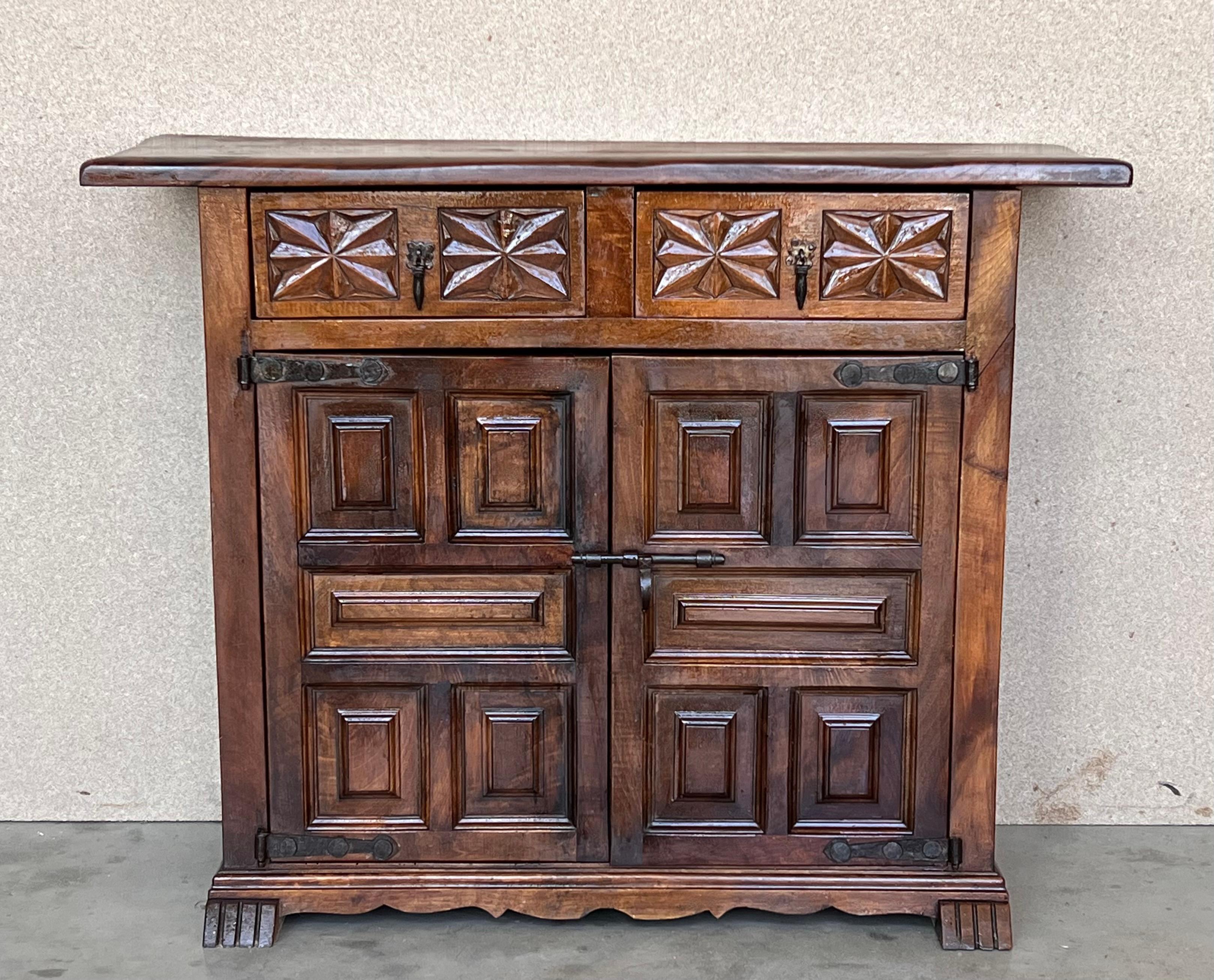 Spanish Colonial 20th Century Spanish Carved Walnut Tuscan Credenza or Buffet with Two Drawers