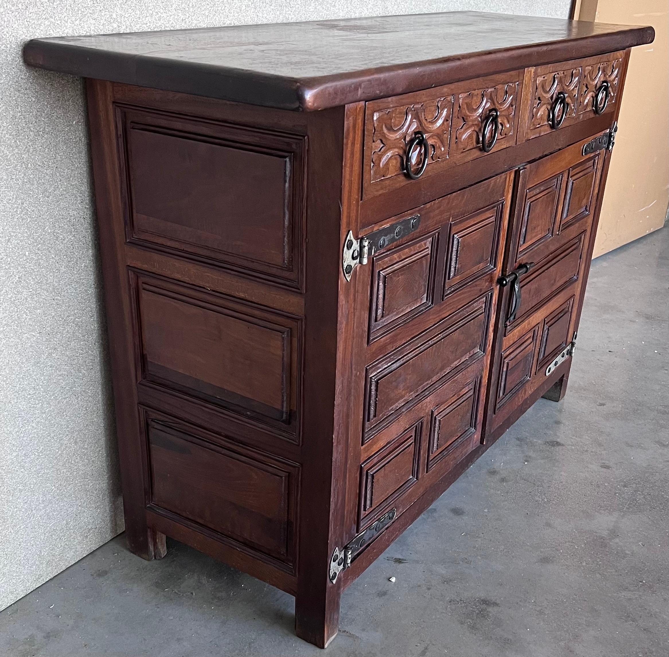 Iron 20th Century Spanish Carved Walnut Tuscan Credenza or Buffet with Two Drawers For Sale