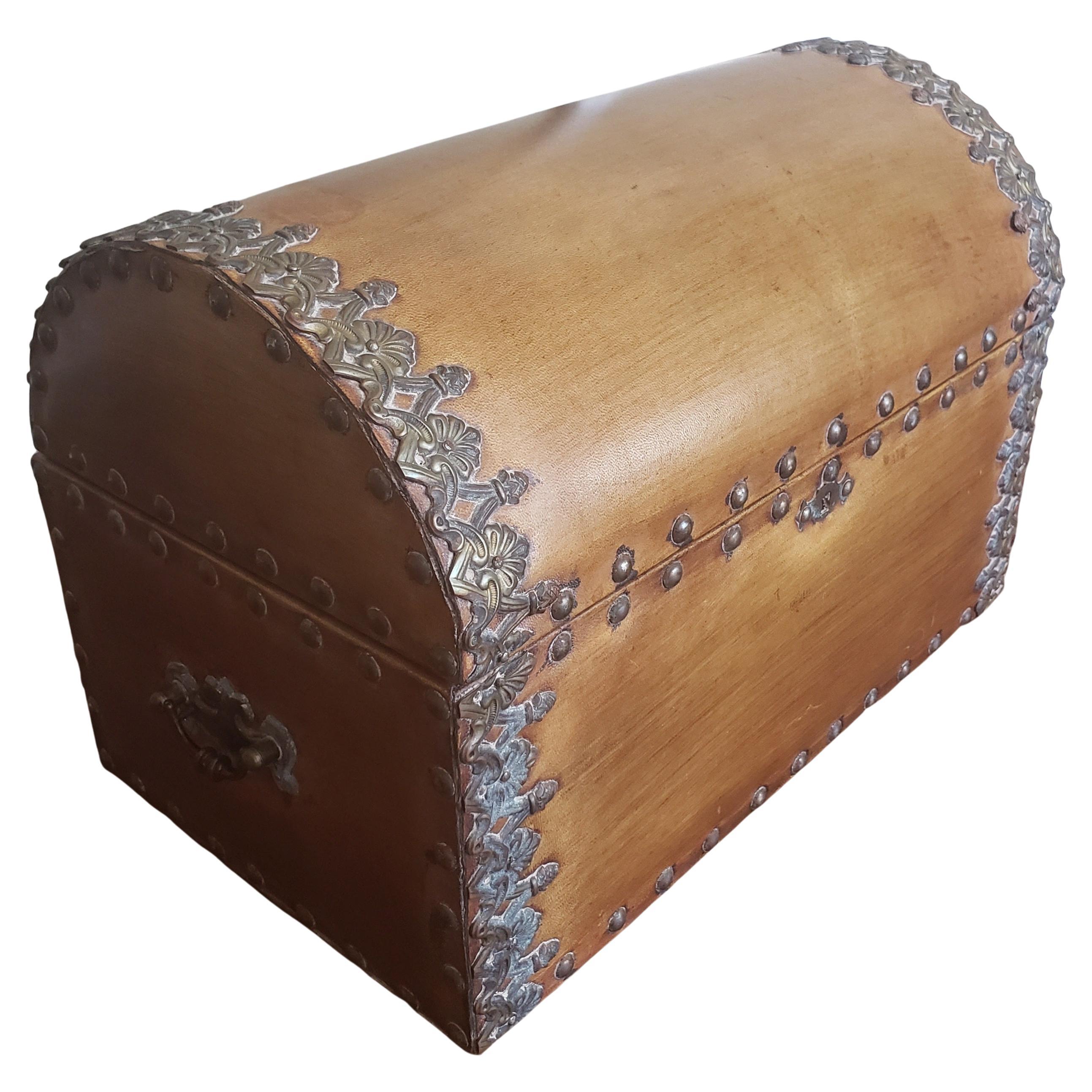 20th Century Spanish Colonial Style  Ornate Leather & Nail Heads Document Chest In Good Condition For Sale In Germantown, MD