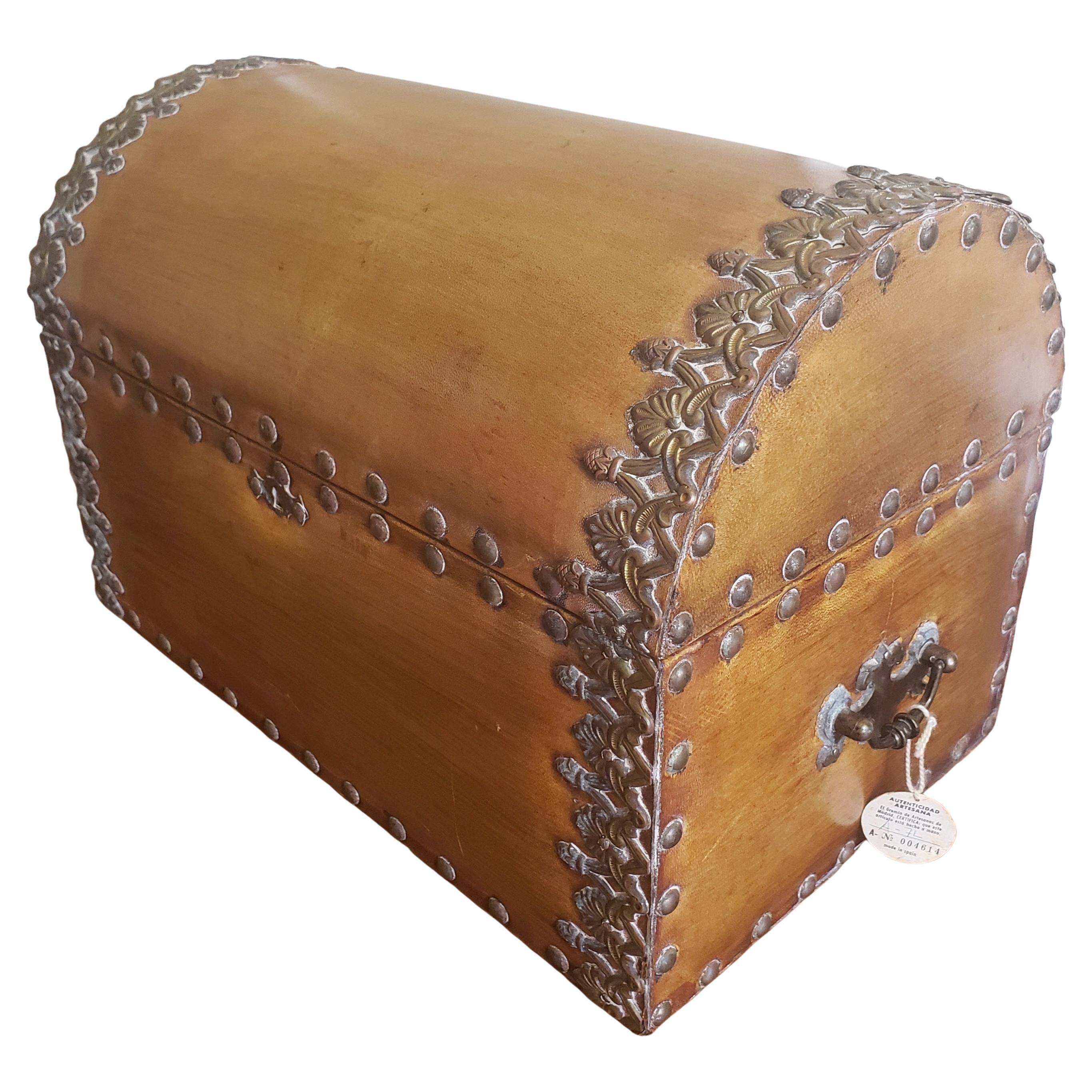 Metal 20th Century Spanish Colonial Style  Ornate Leather & Nail Heads Document Chest For Sale