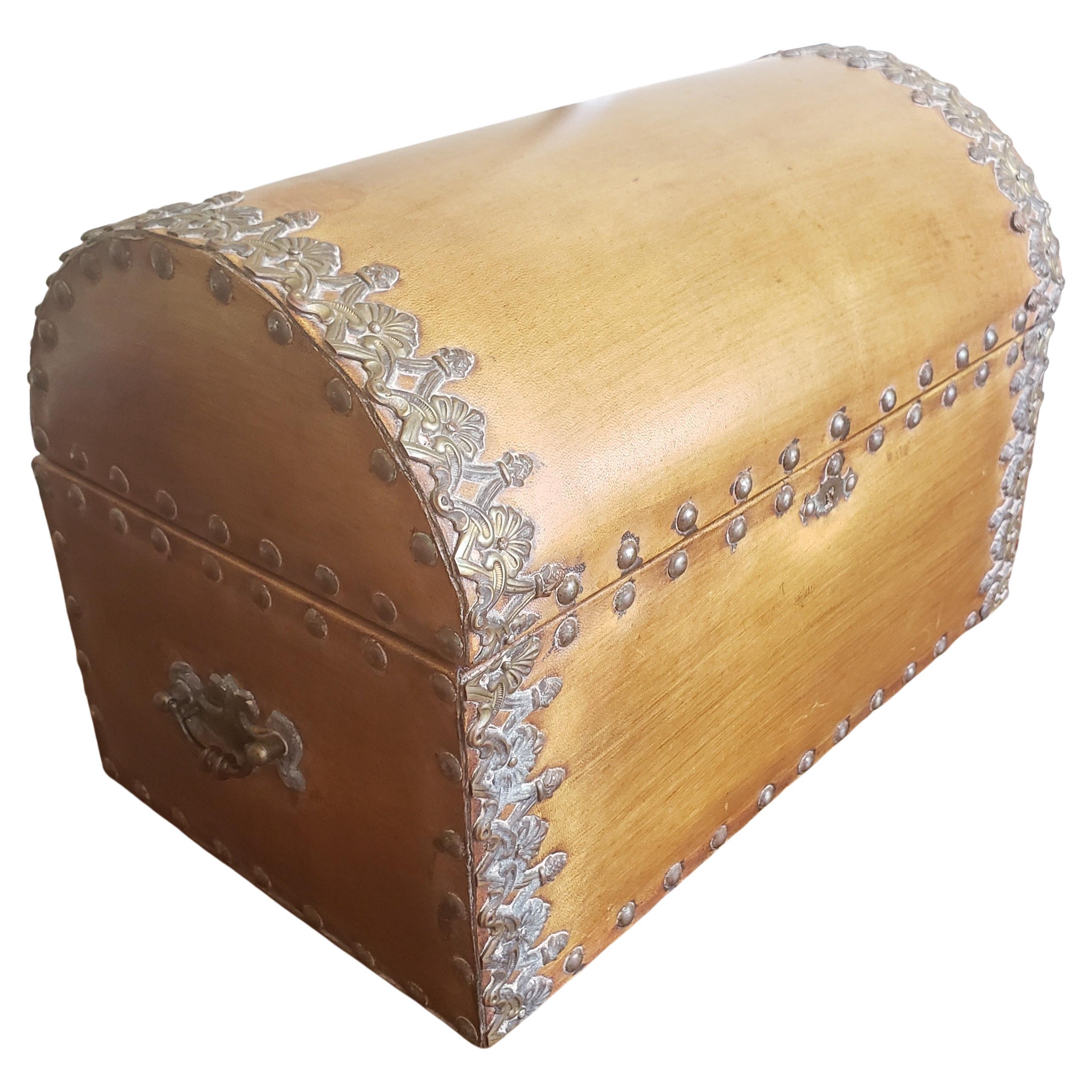 20th Century Spanish Colonial Style  Ornate Leather & Nail Heads Document Chest For Sale 1