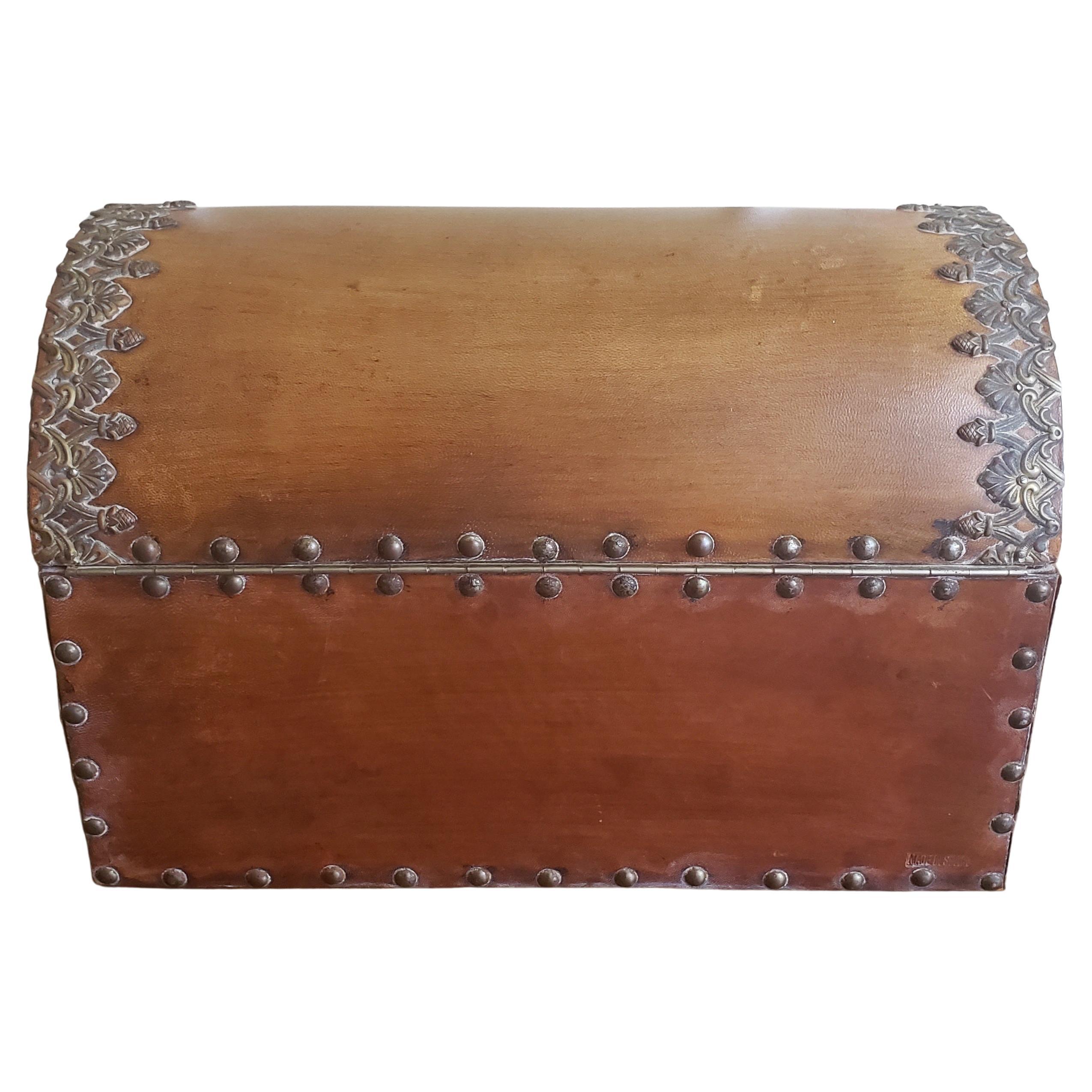 20th Century Spanish Colonial Style  Ornate Leather & Nail Heads Document Chest For Sale 2