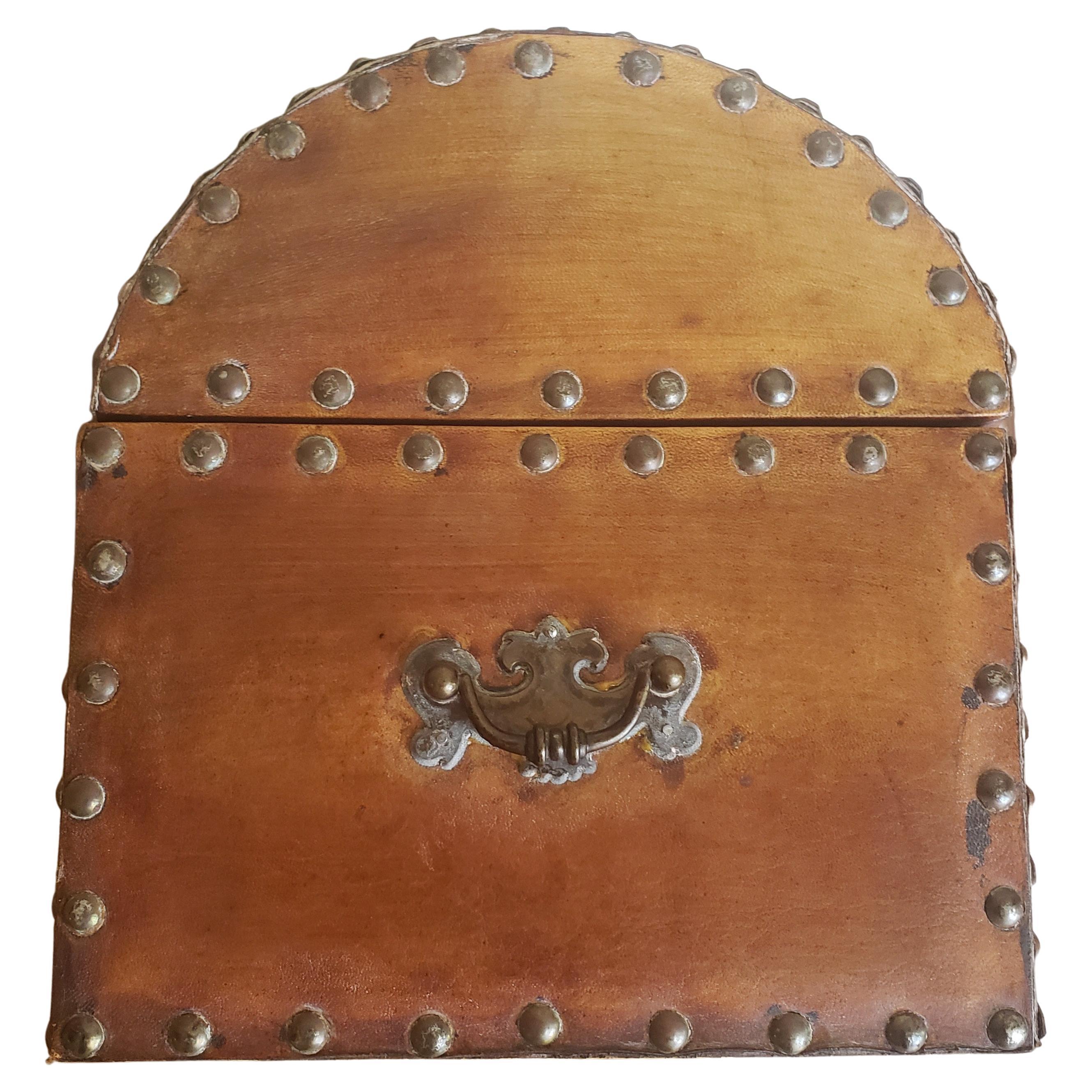 20th Century Spanish Colonial Style  Ornate Leather & Nail Heads Document Chest For Sale 3