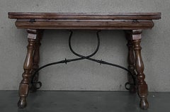 20th Century Spanish Console Fold Out Farm Table with Iron Stretcher
