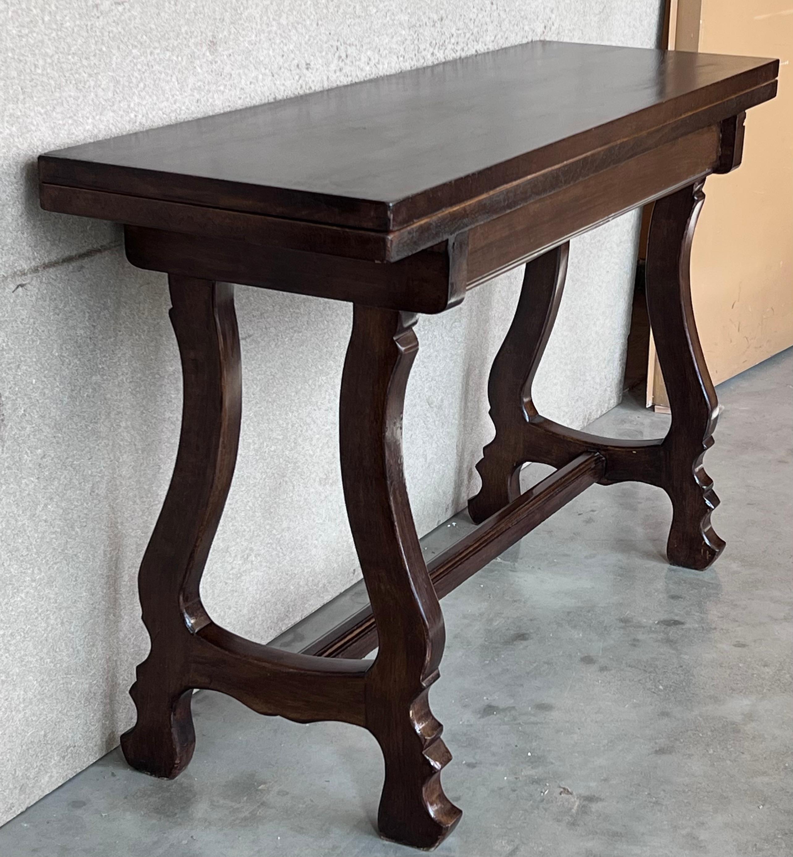 20th Century Spanish Console Fold Out Farm Table with Iron Stretcher In Good Condition In Miami, FL