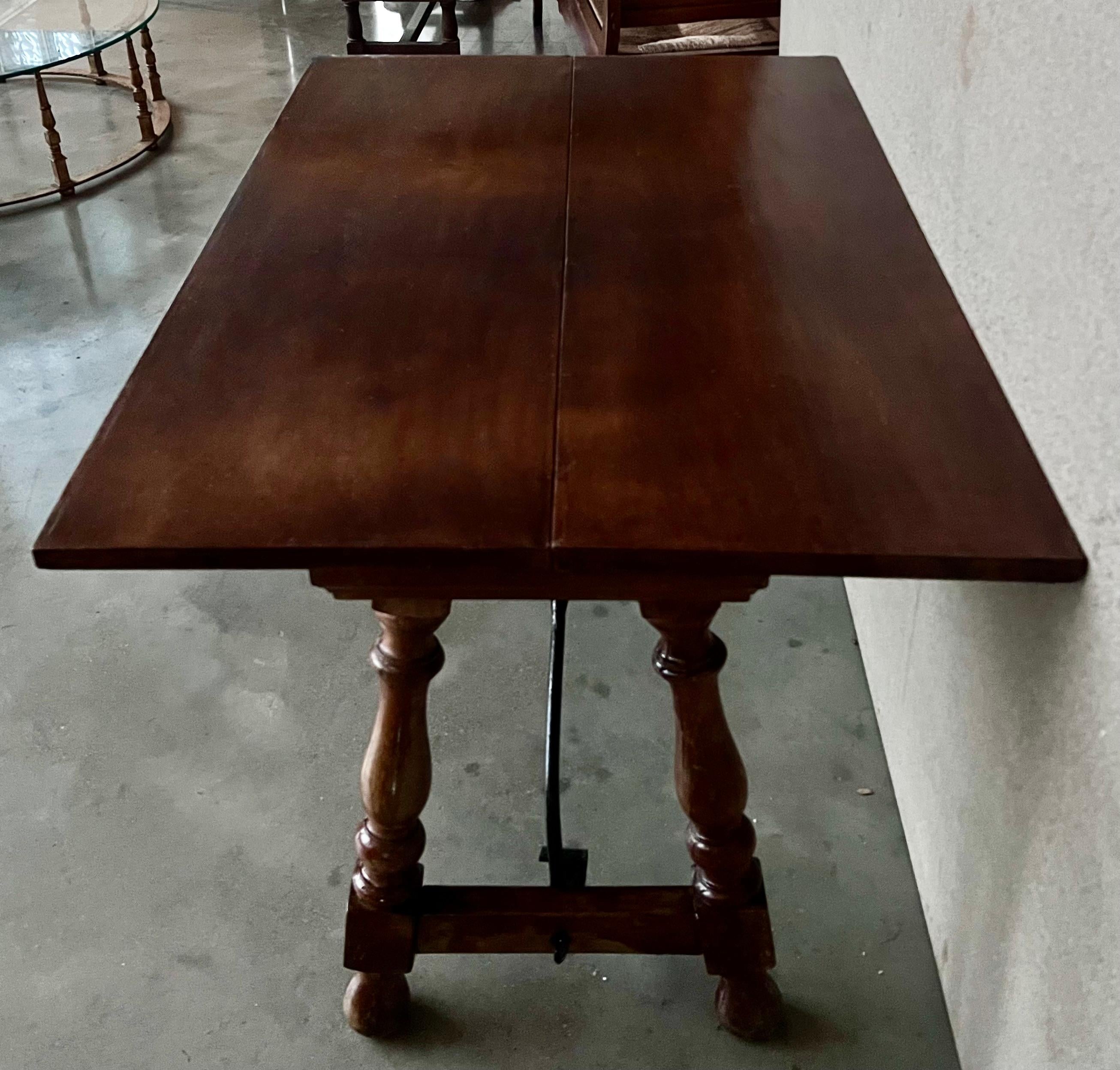 20th Century Spanish Console Fold Out Farm Table with Iron Stretcher For Sale 1