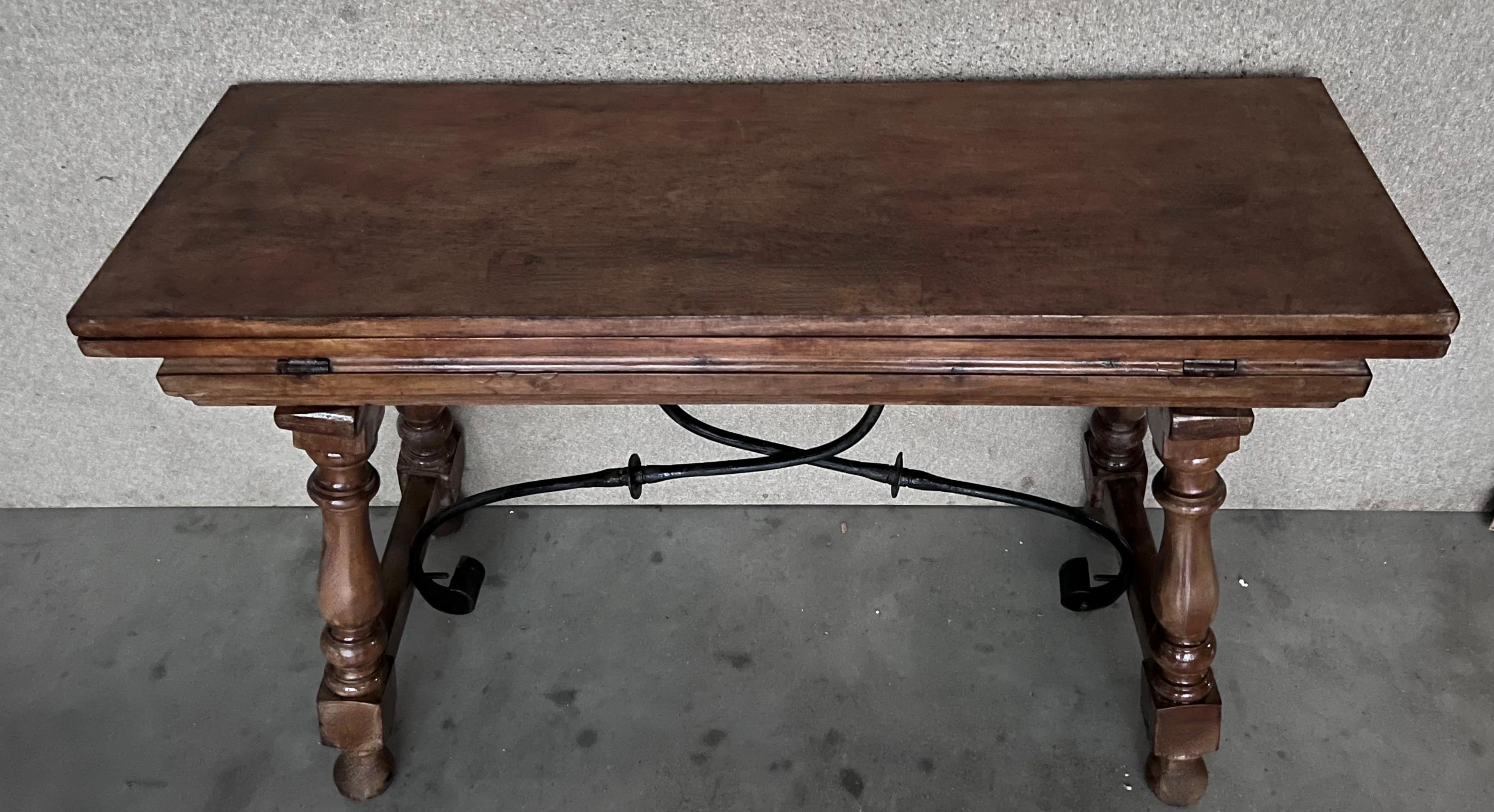20th Century Spanish Console Fold Out Farm Table with Iron Stretcher For Sale 4