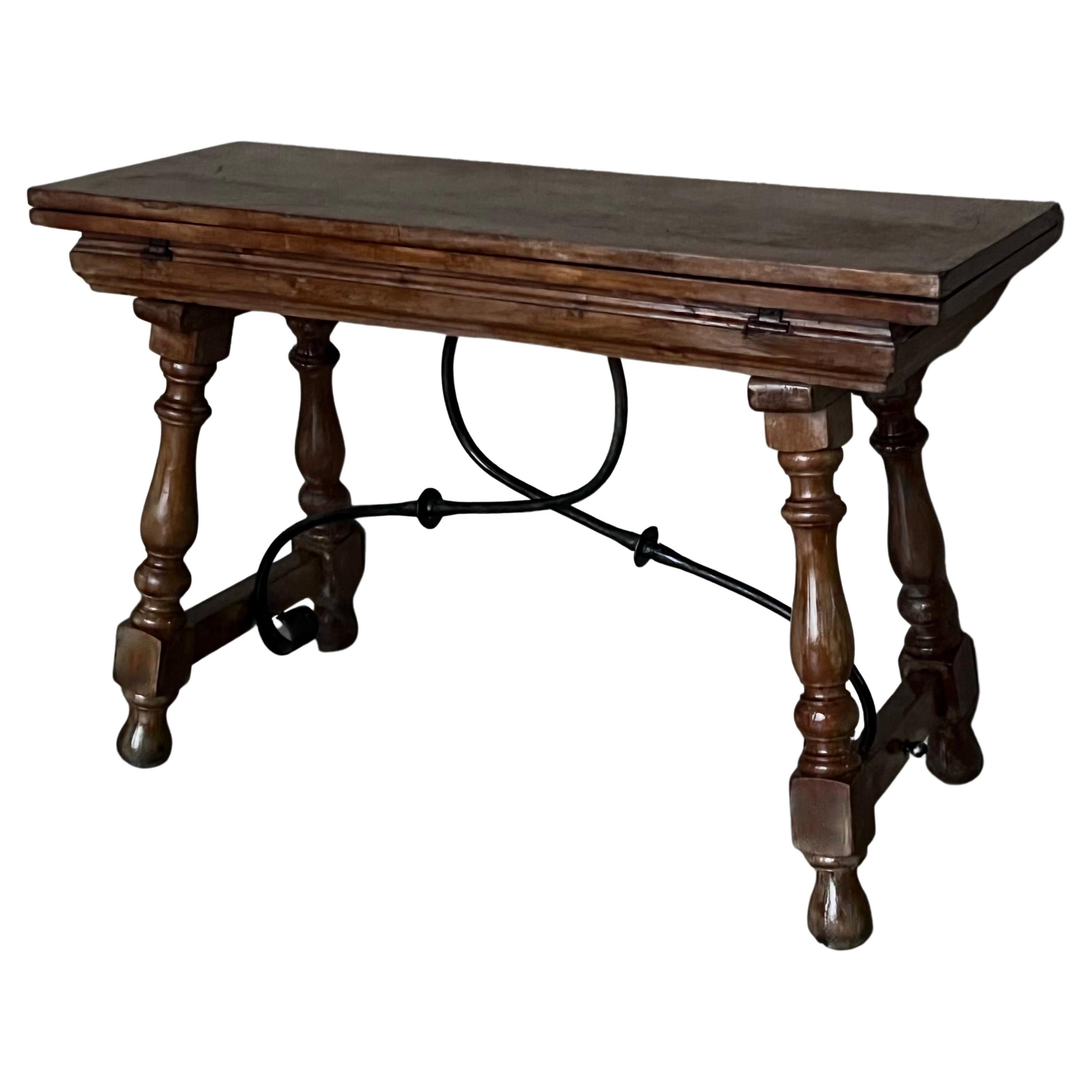20th Century Spanish Console Fold Out Farm Table with Iron Stretcher For Sale