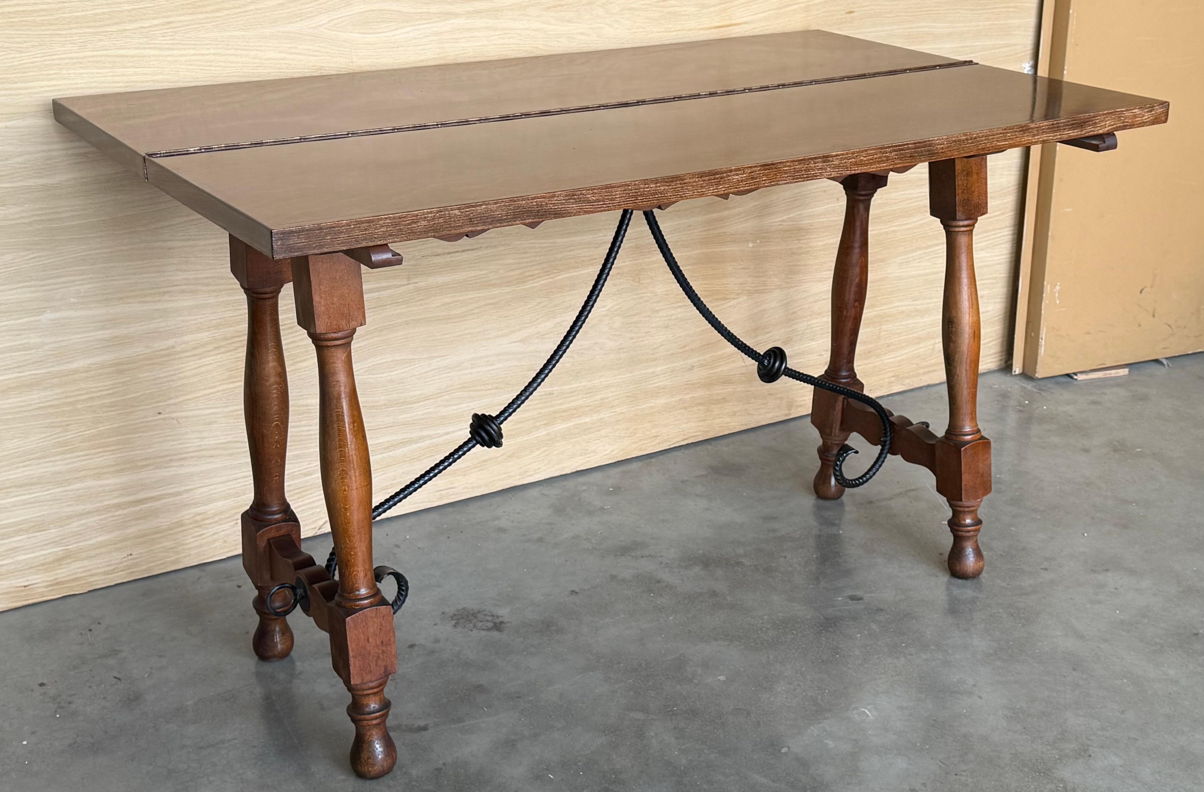 20th Century Spanish Console Fold Out Farm Table with Wood Stretcher For Sale 6