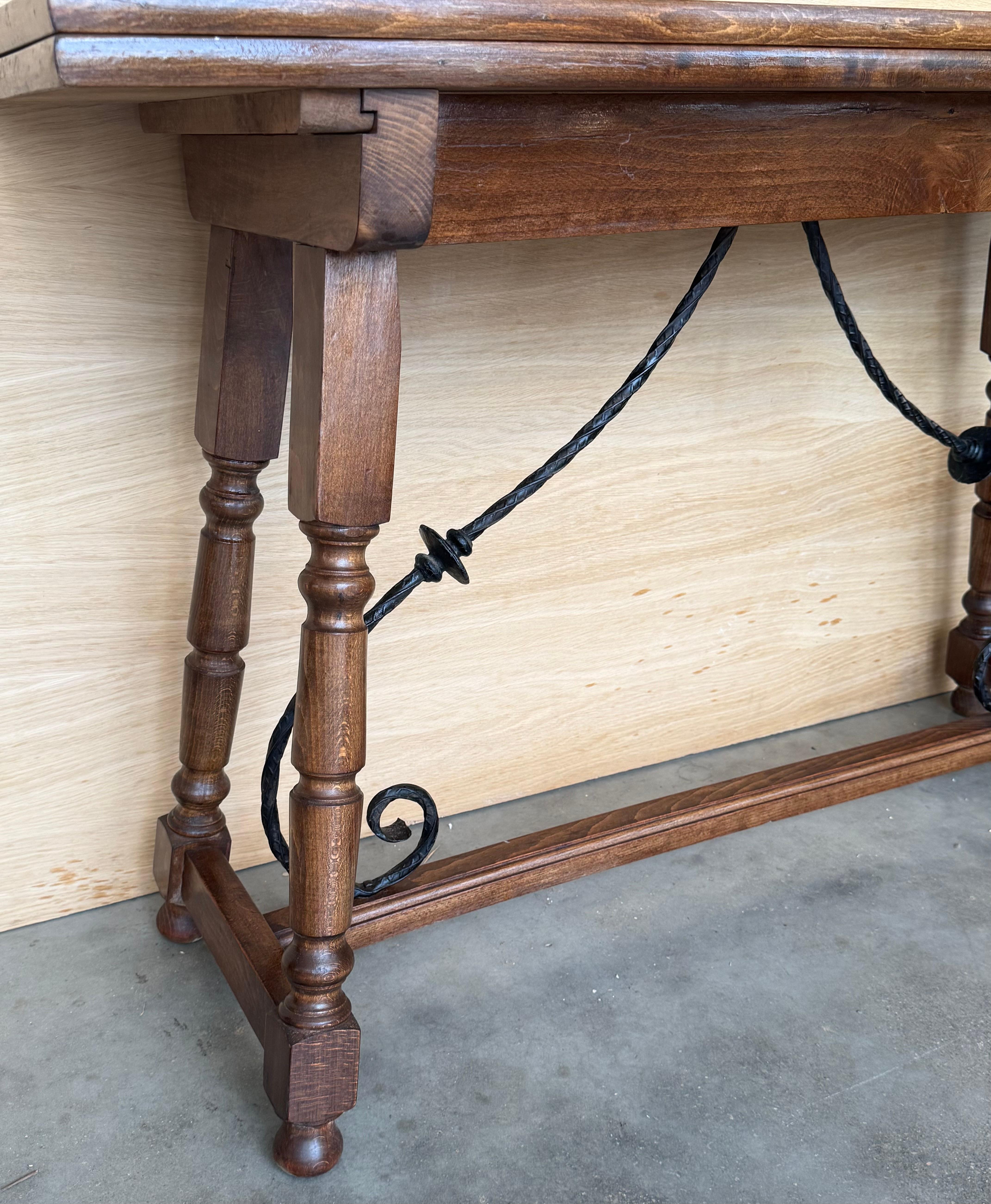20th Century Spanish Console Fold Out Farm Table with Wood Stretcher For Sale 6