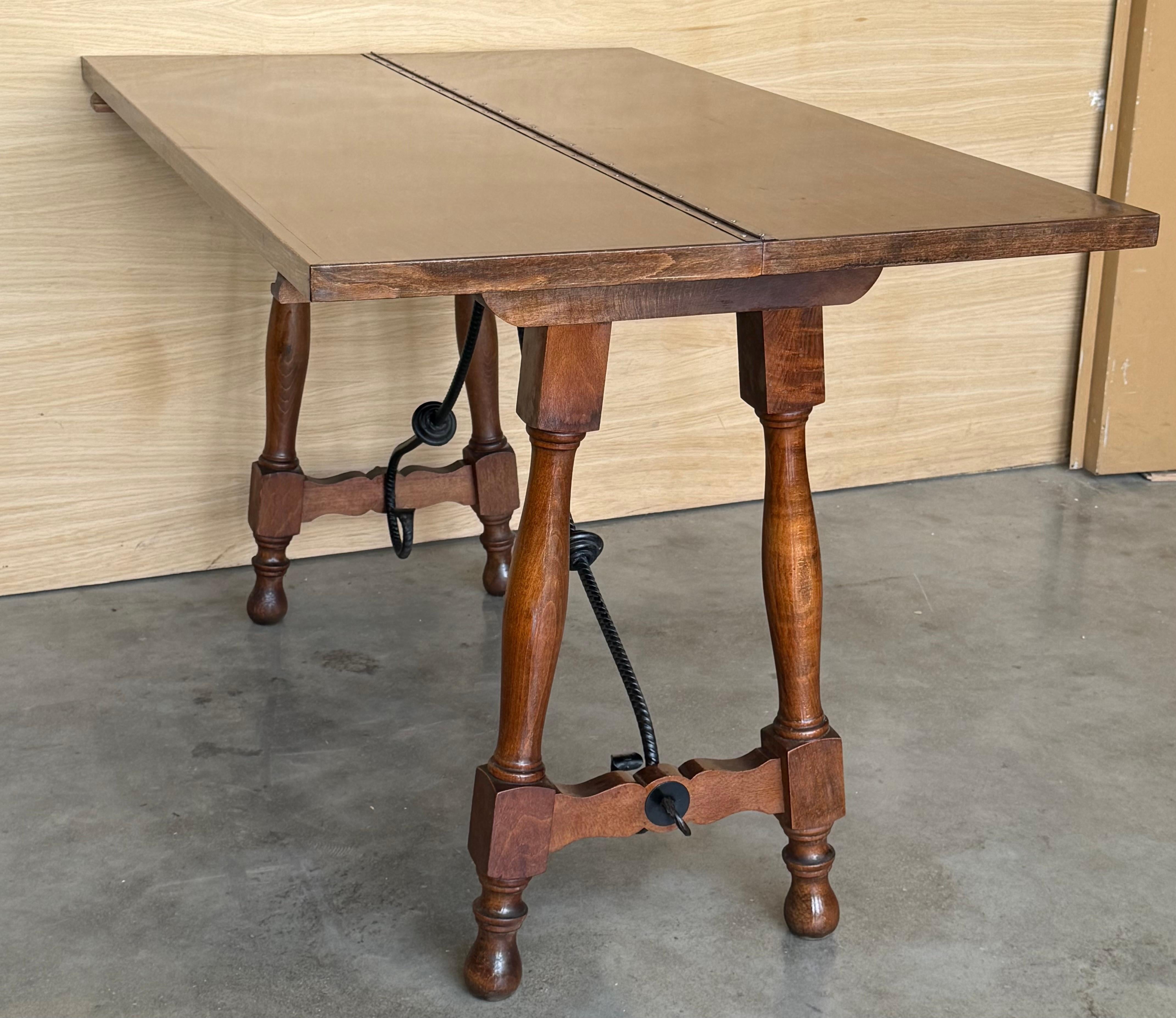 20th Century Spanish Console Fold Out Farm Table with Wood Stretcher For Sale 8