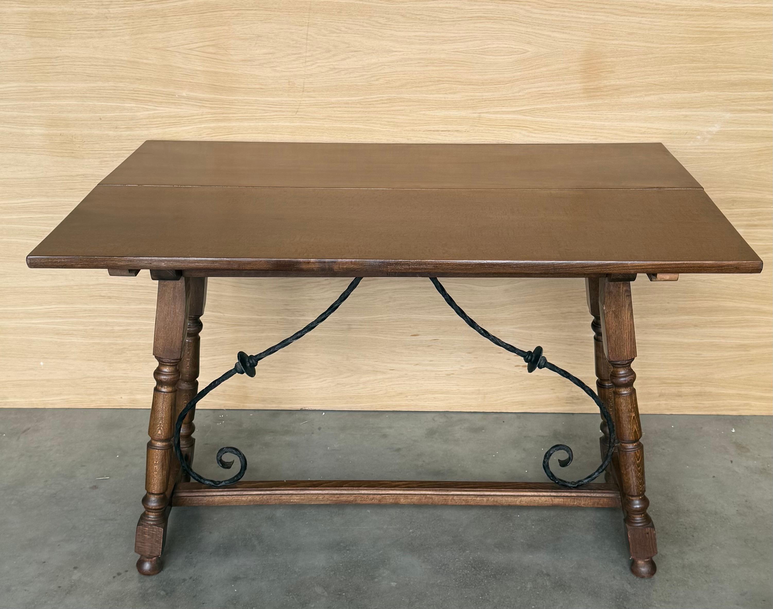 20th Century Spanish Console Fold Out Farm Table with Wood Stretcher For Sale 8