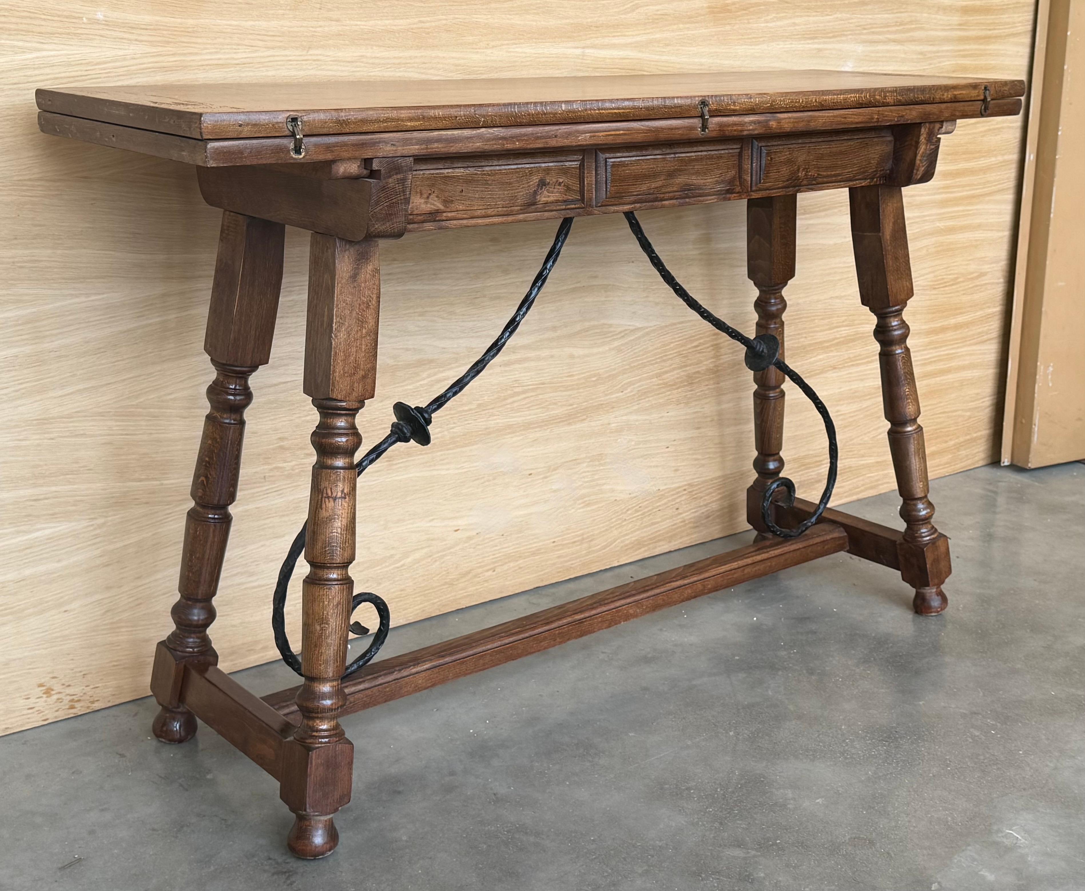Spanish Colonial 20th Century Spanish Console Fold Out Farm Table with Wood Stretcher For Sale