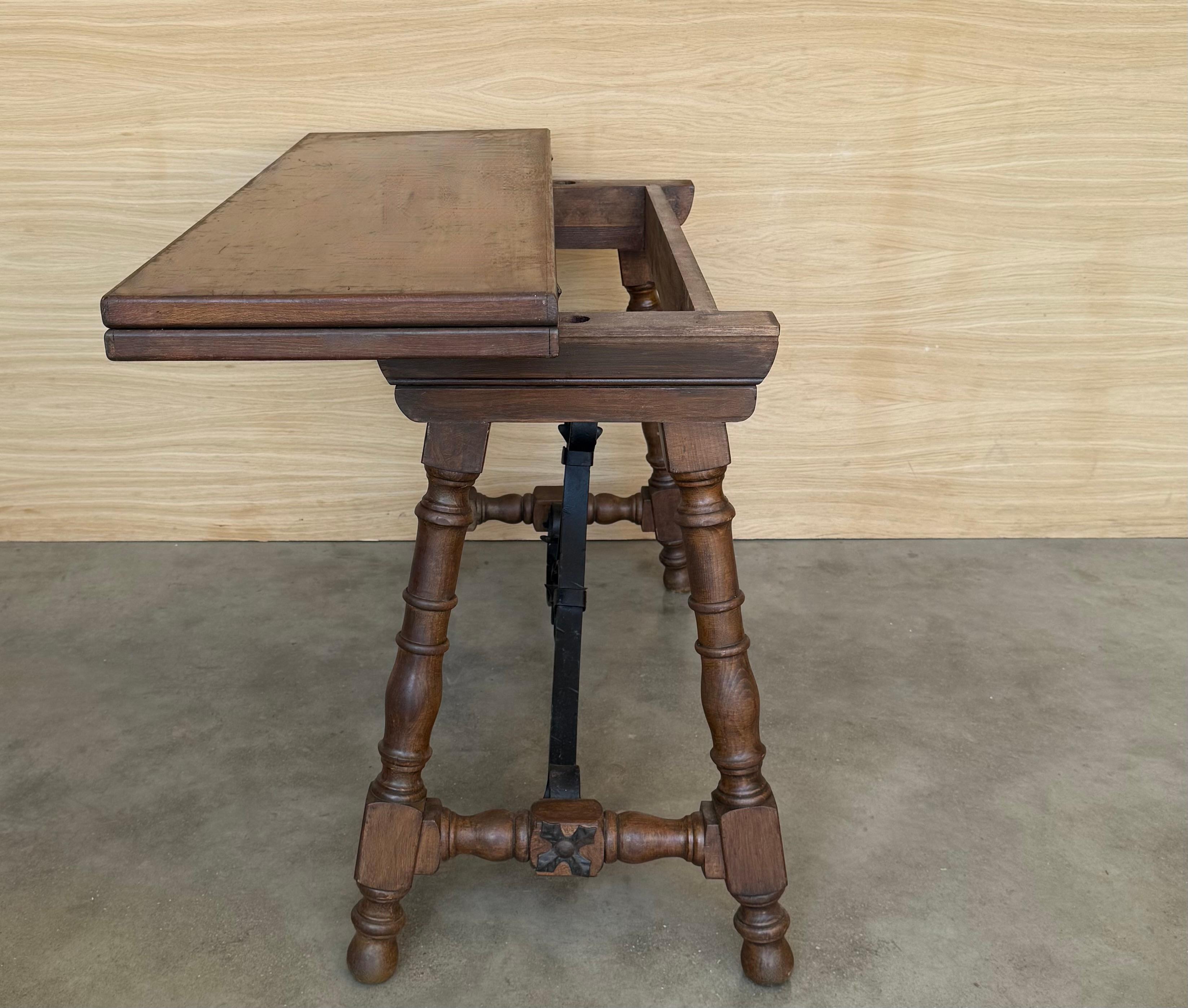 20th Century Spanish Console Fold Out Farm Table with Wood Stretcher In Good Condition For Sale In Miami, FL