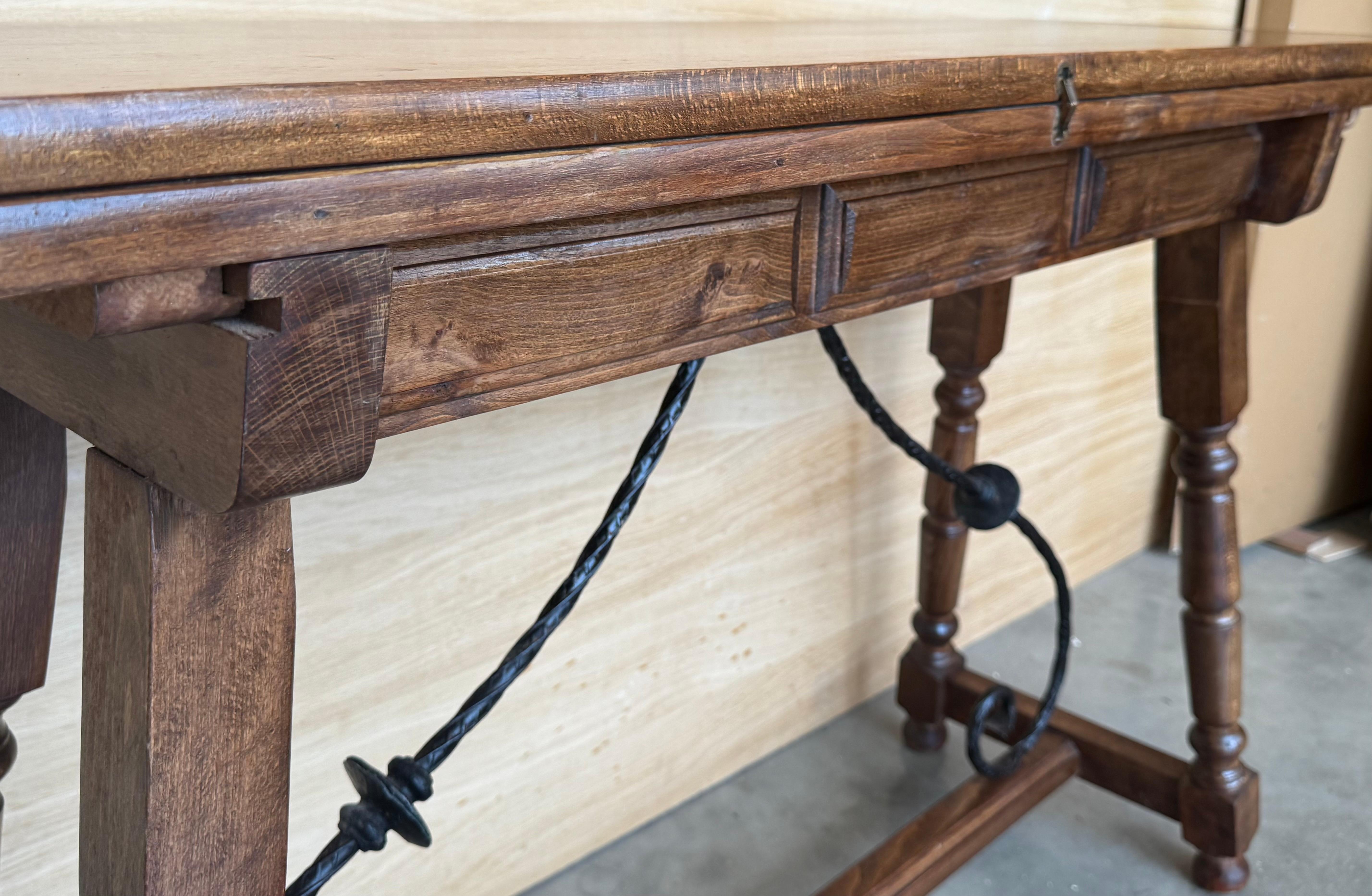 20th Century Spanish Console Fold Out Farm Table with Wood Stretcher In Good Condition For Sale In Miami, FL