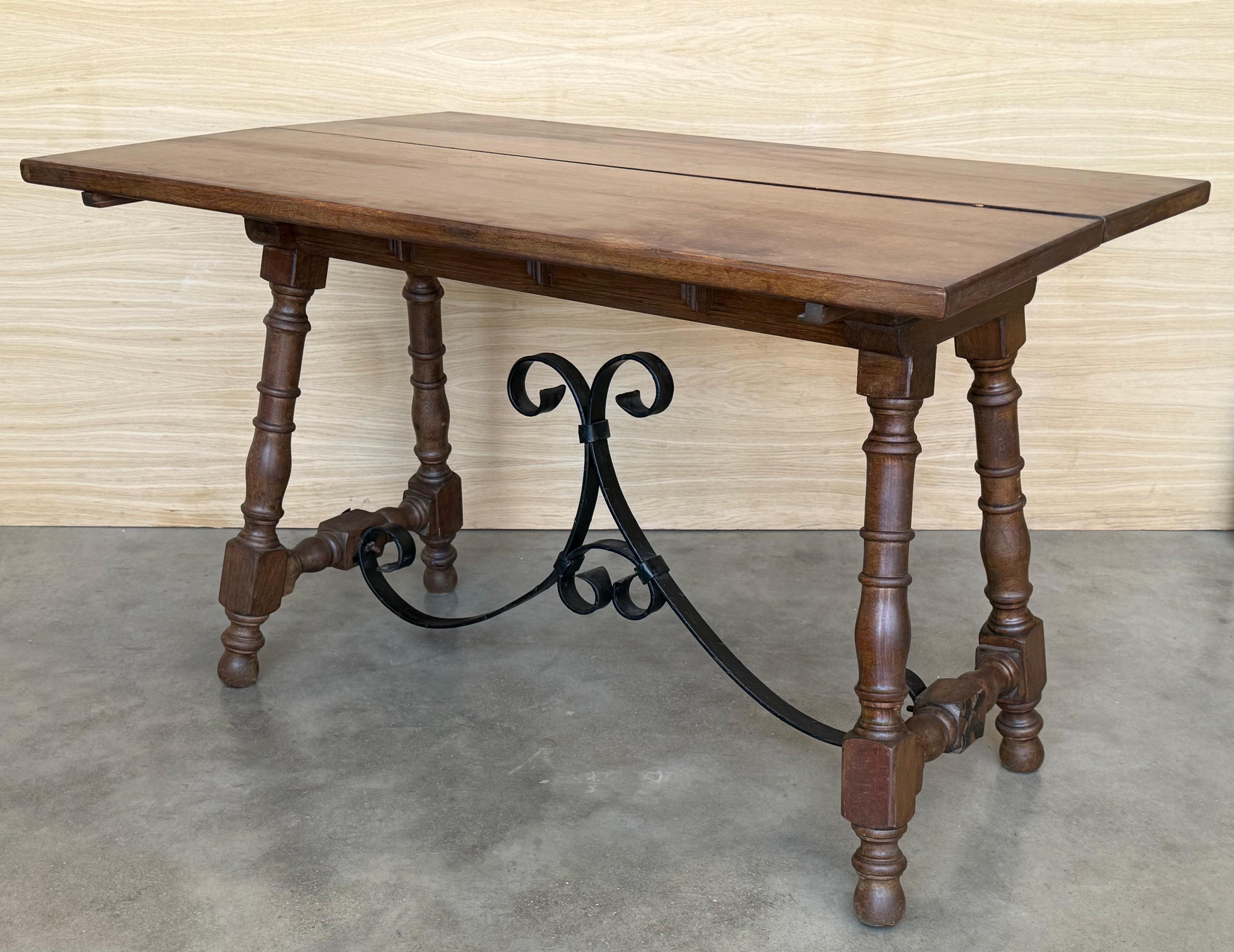Iron 20th Century Spanish Console Fold Out Farm Table with Wood Stretcher For Sale