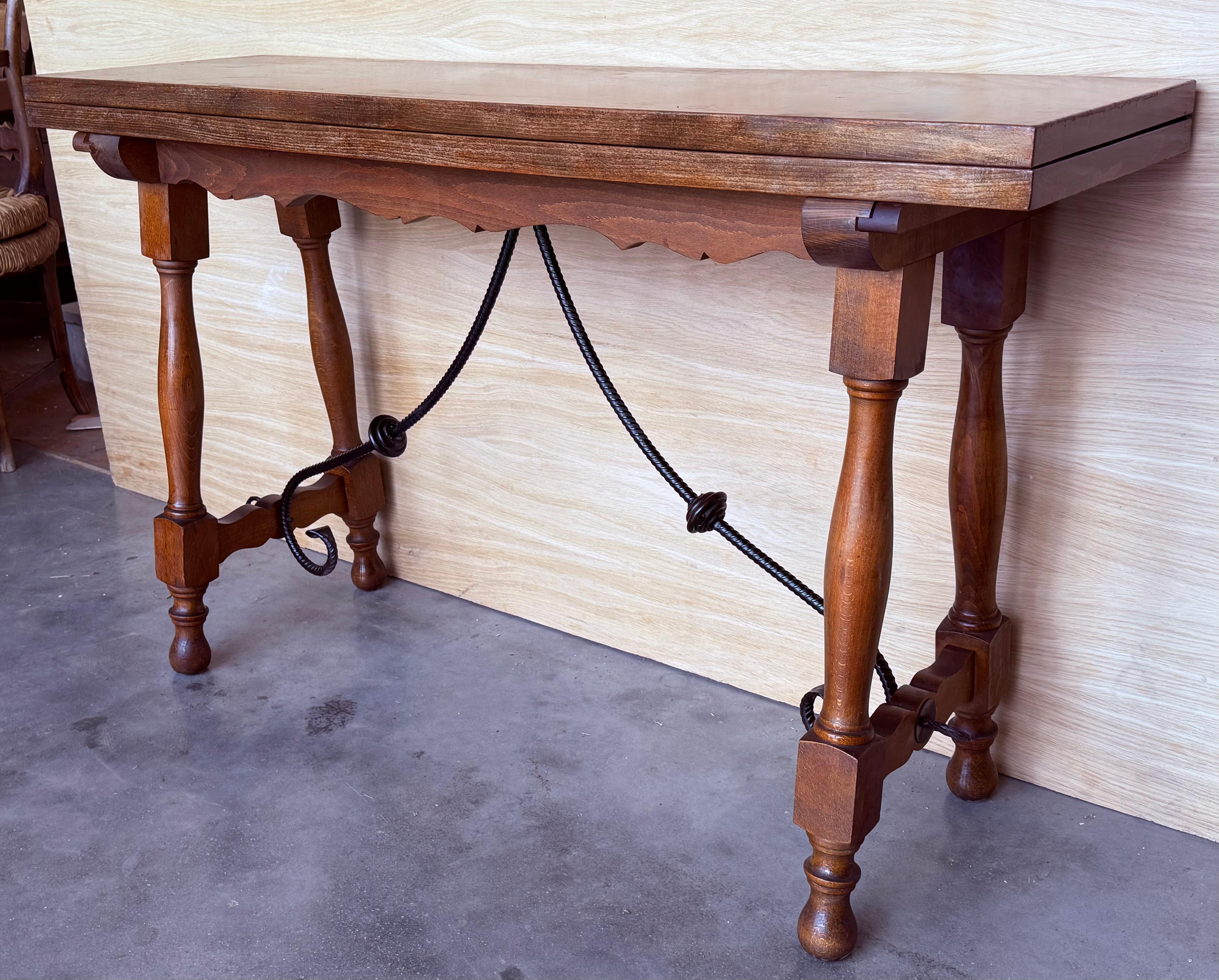 20th Century Spanish Console Fold Out Farm Table with Wood Stretcher For Sale 1