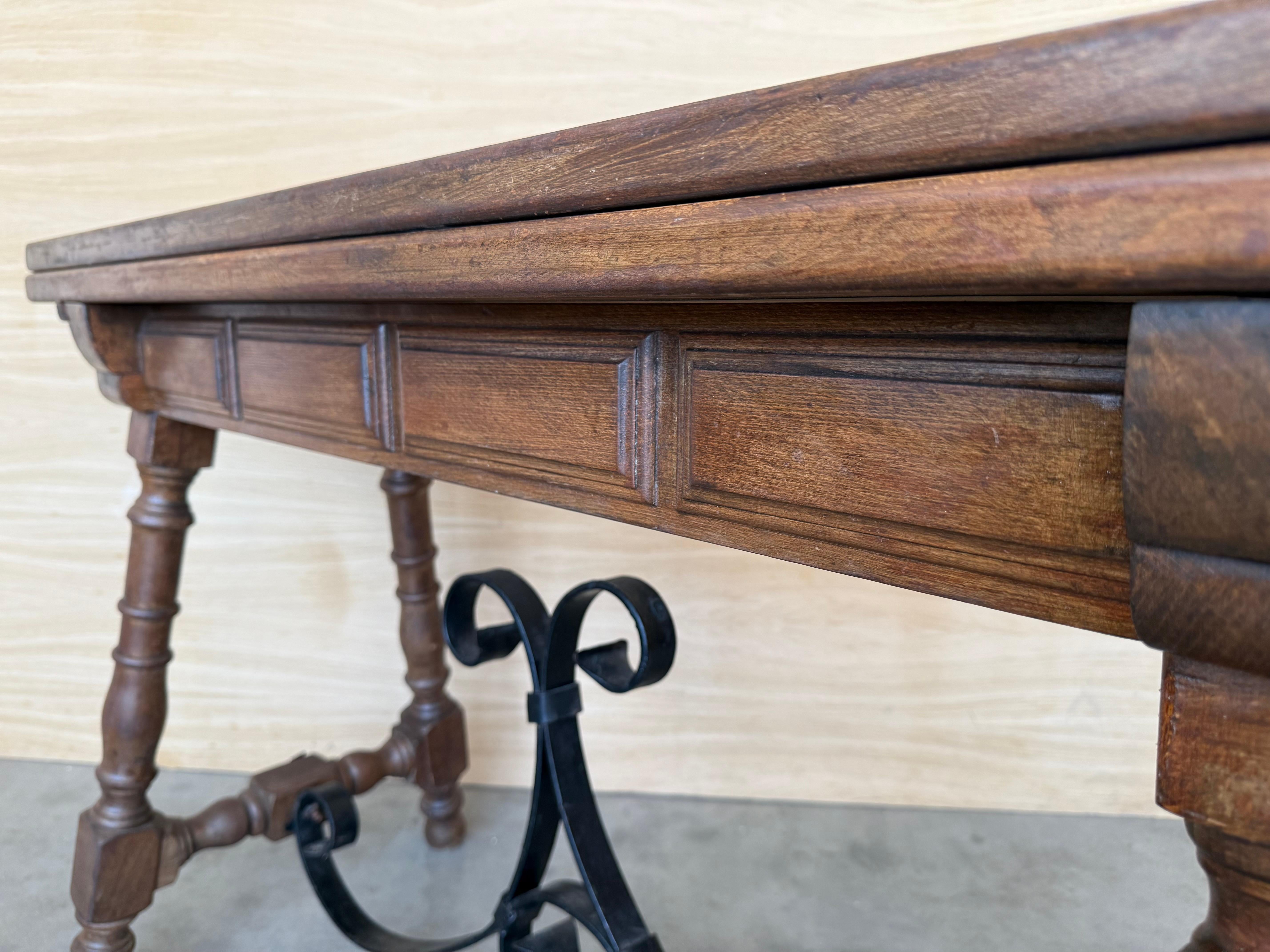 20th Century Spanish Console Fold Out Farm Table with Wood Stretcher For Sale 1