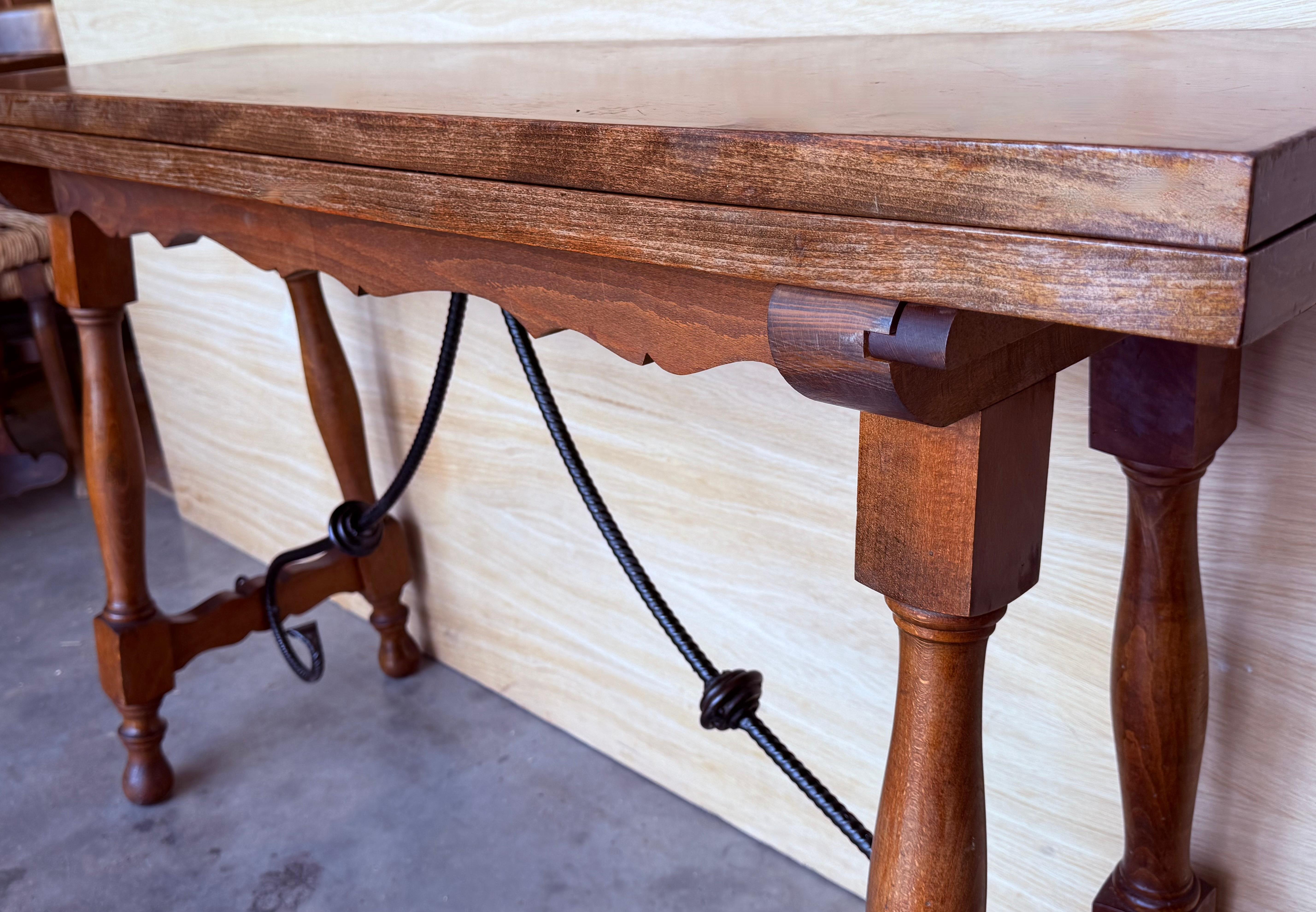 20th Century Spanish Console Fold Out Farm Table with Wood Stretcher For Sale 2